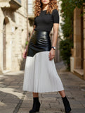 High Waist Patchwork Skirt with Flowing Pleated Fit
