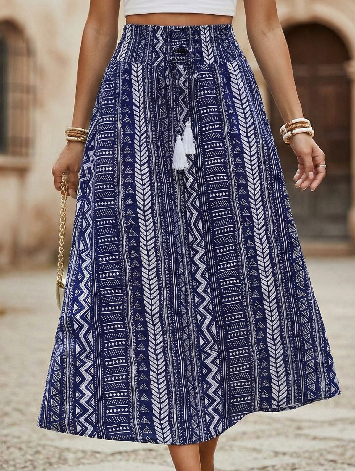 Boho Fringe Belt Tie Midi Skirt