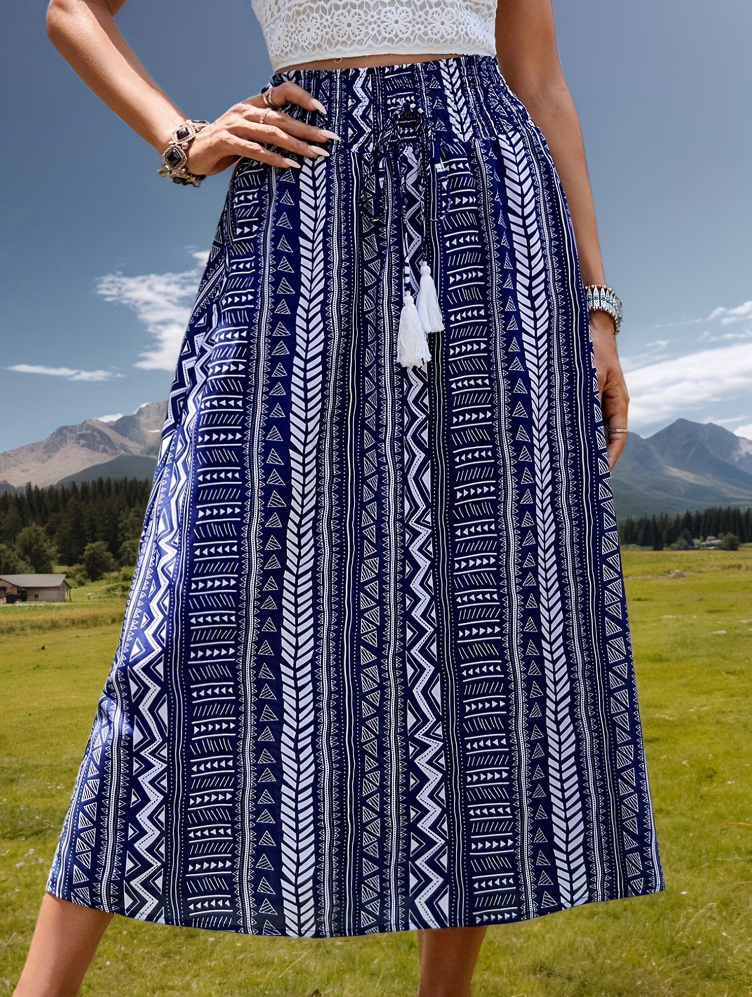 Boho Fringe Belt Tie Midi Skirt