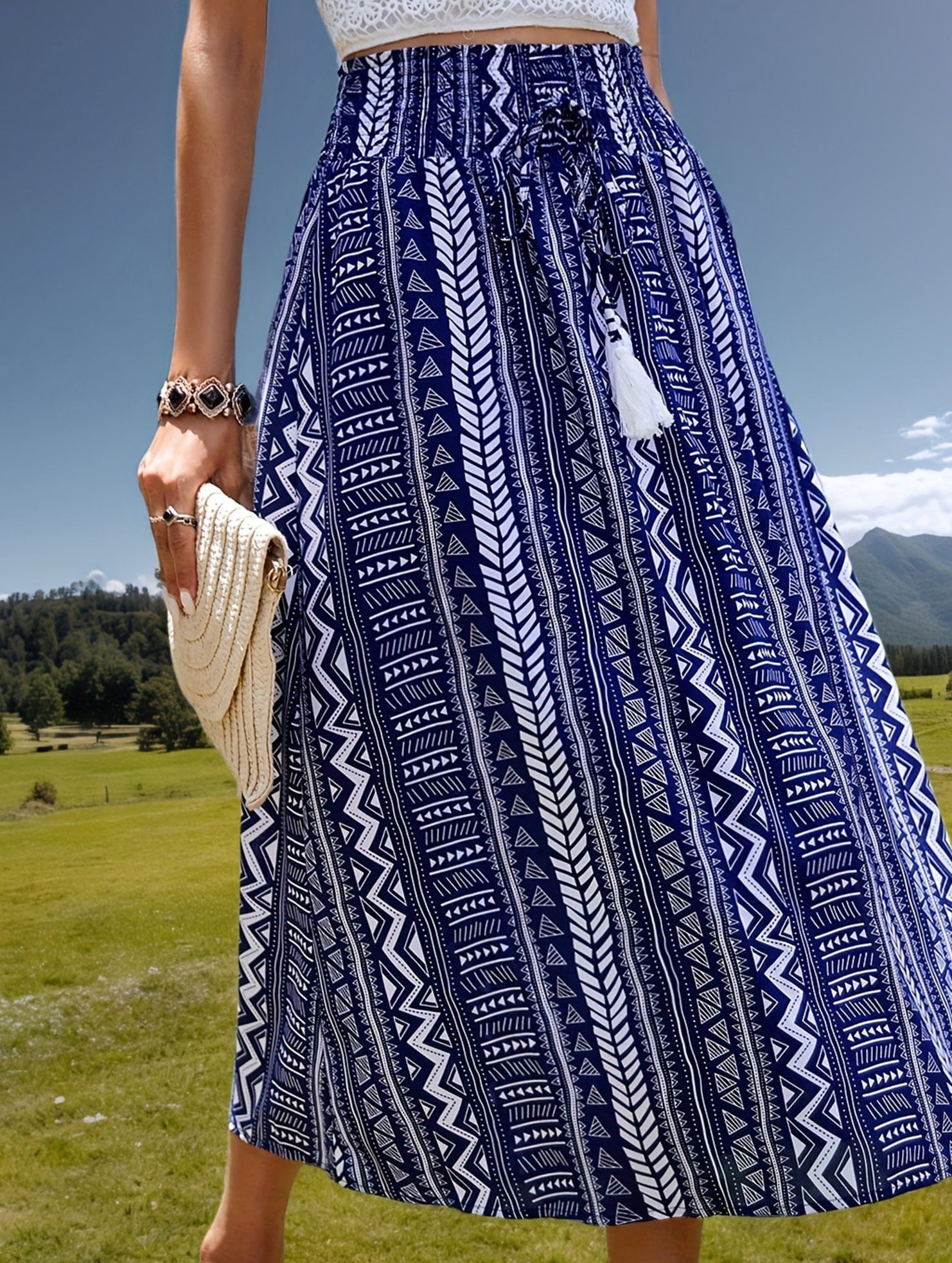 Boho Fringe Belt Tie Midi Skirt