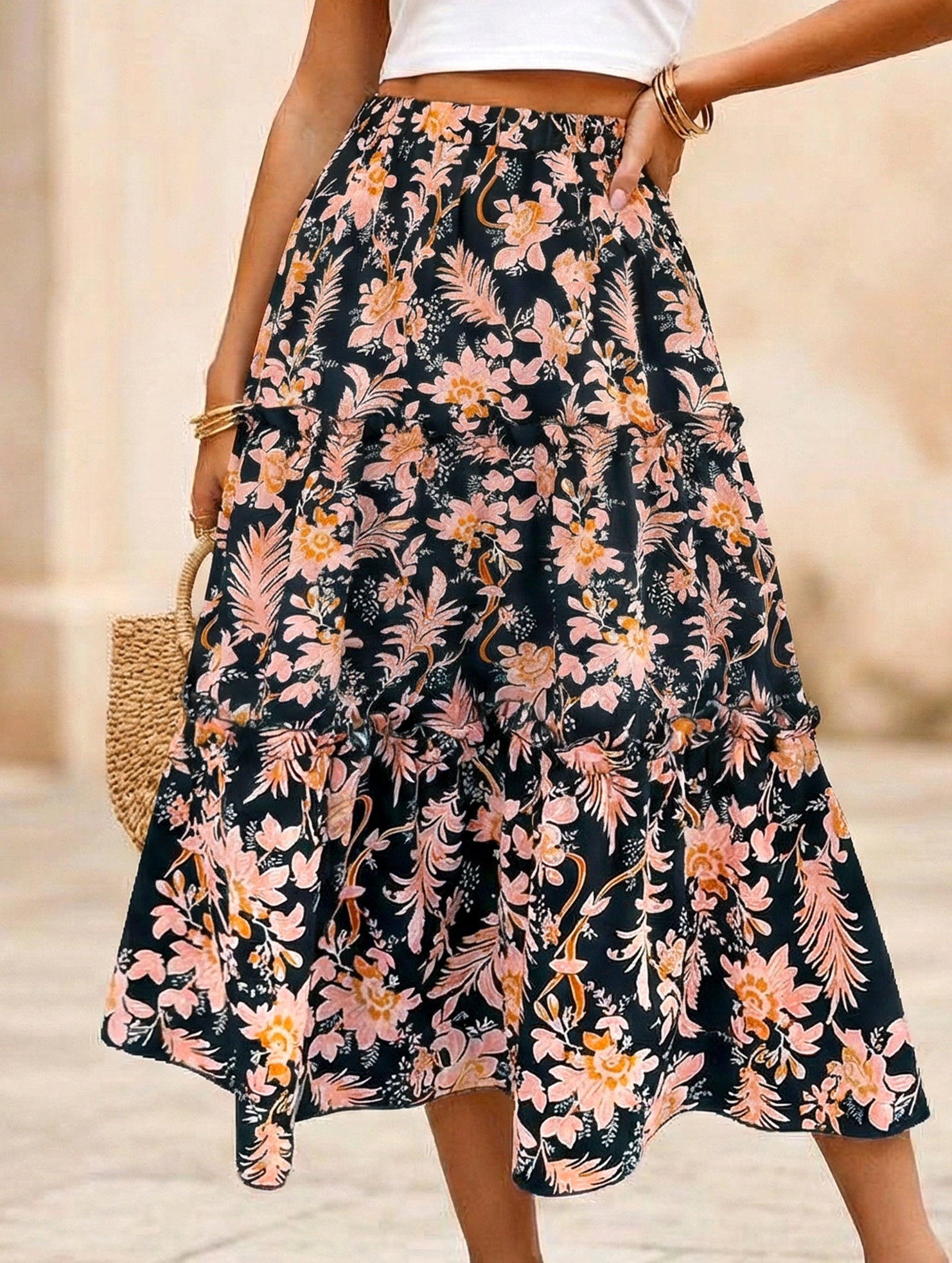 Floral Ruffle Midi Skirt Beach Style