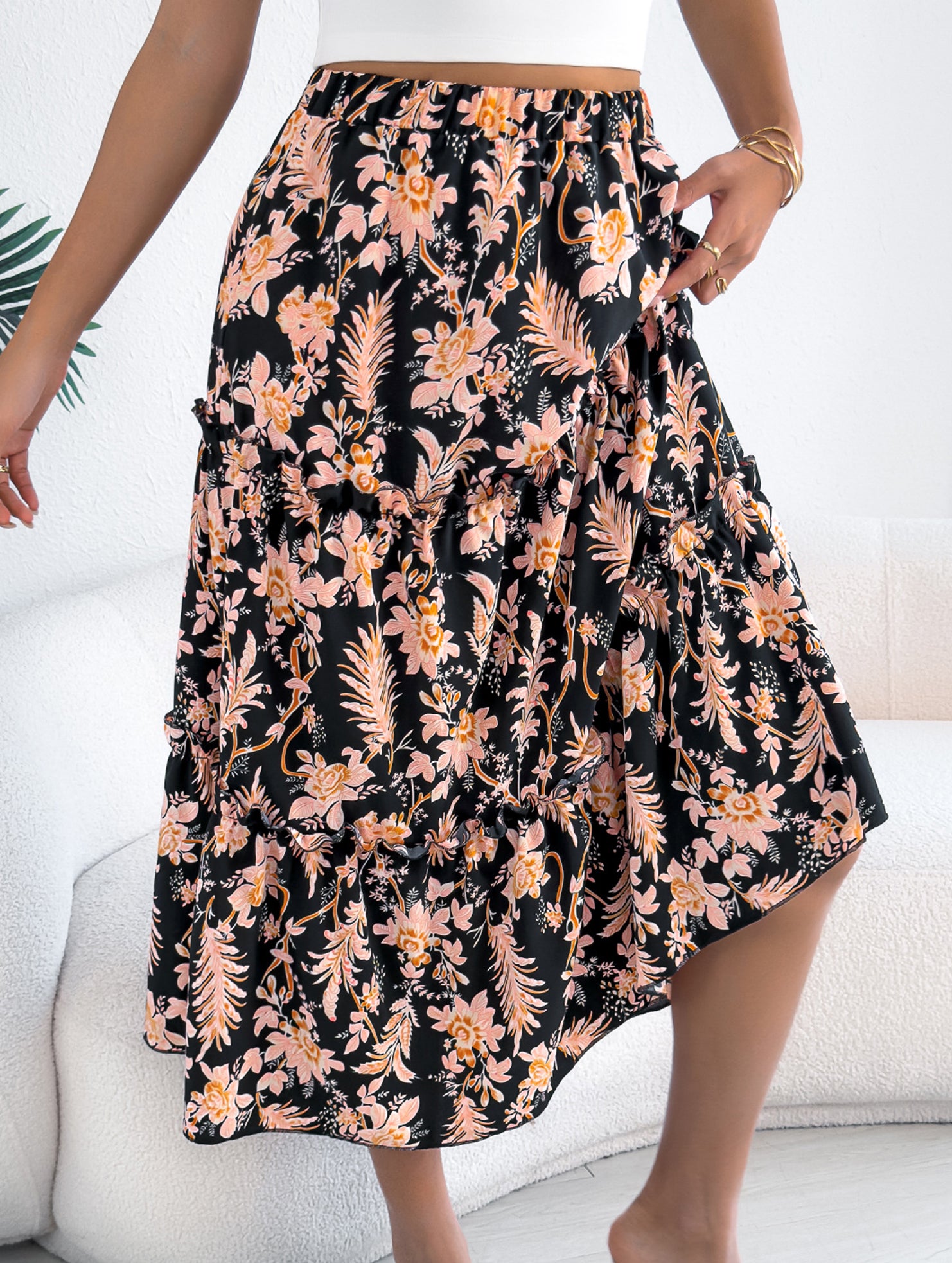 Floral Ruffle Midi Skirt Beach Style