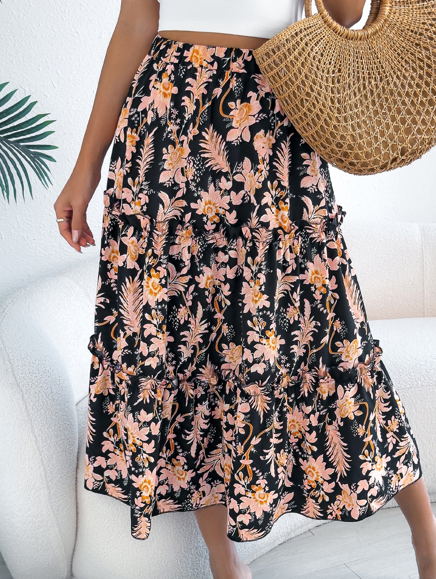 Floral Ruffle Midi Skirt Beach Style