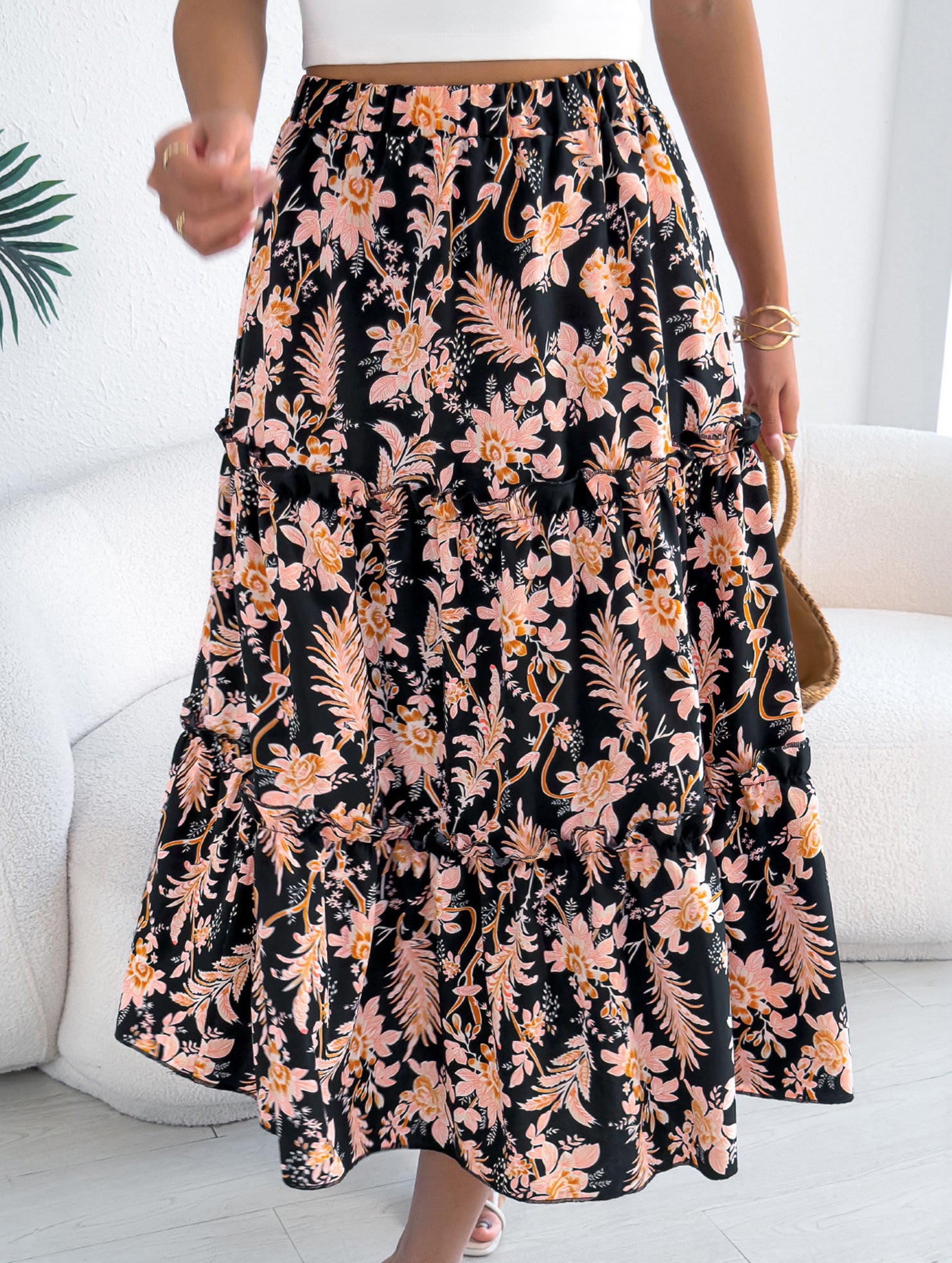 Floral Ruffle Midi Skirt Beach Style