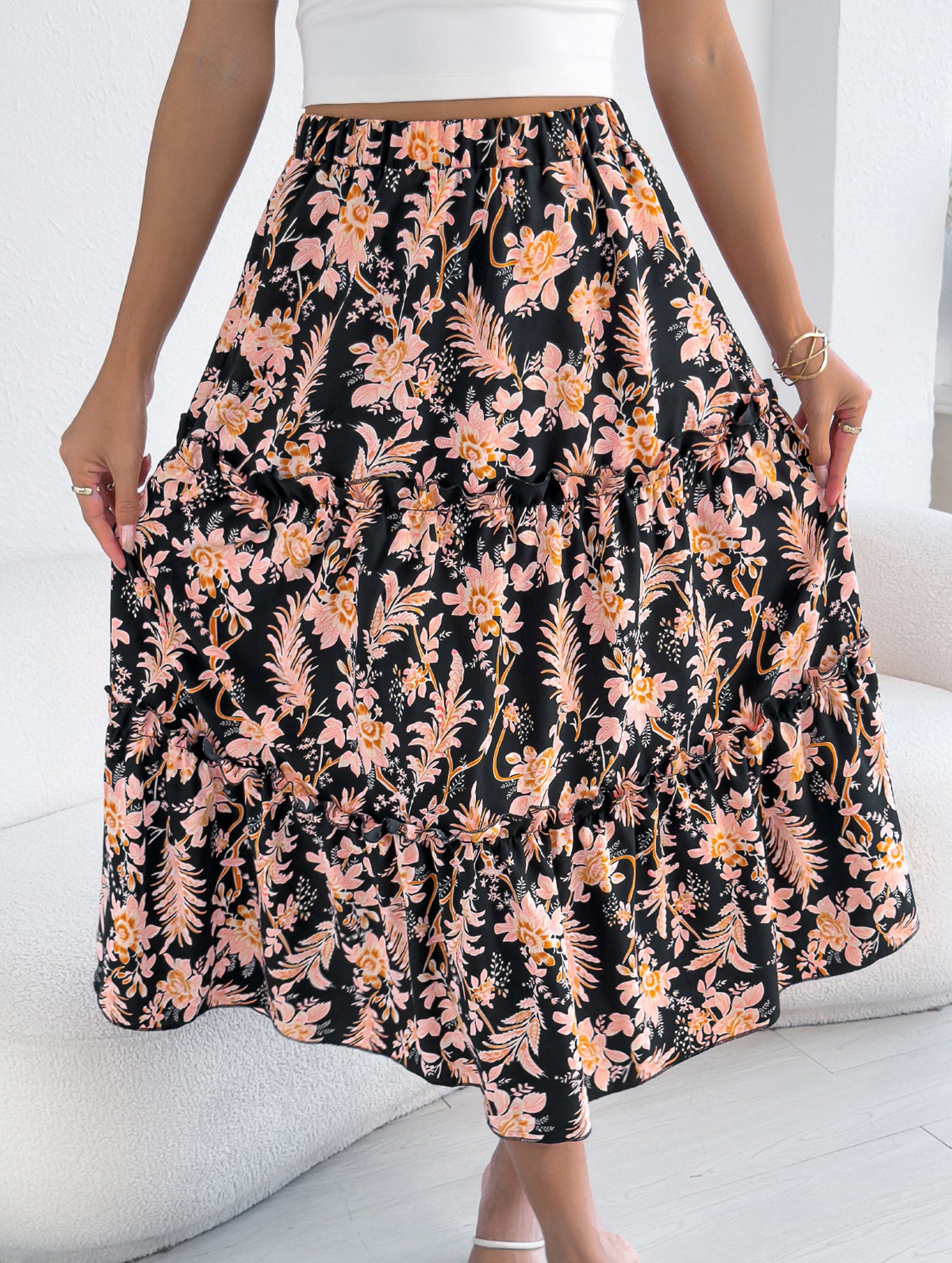 Floral Ruffle Midi Skirt Beach Style