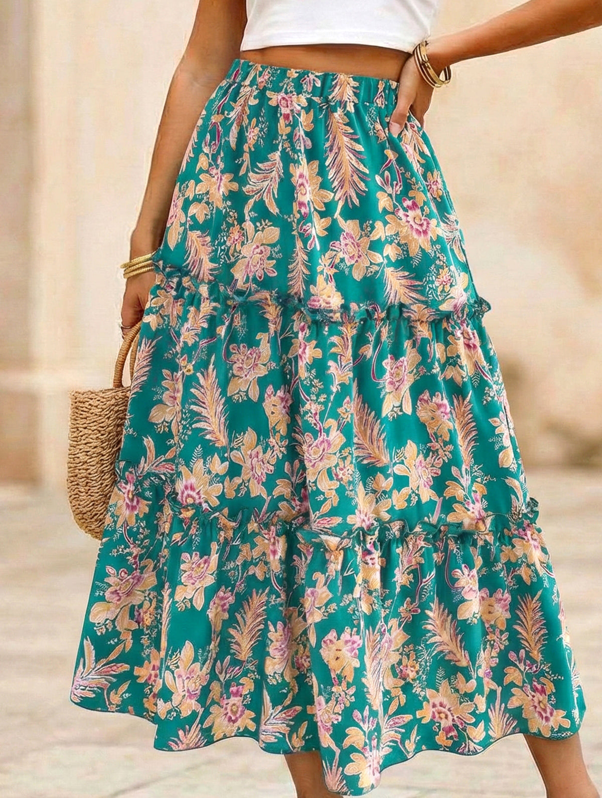 Floral Ruffle Midi Skirt Beach Style