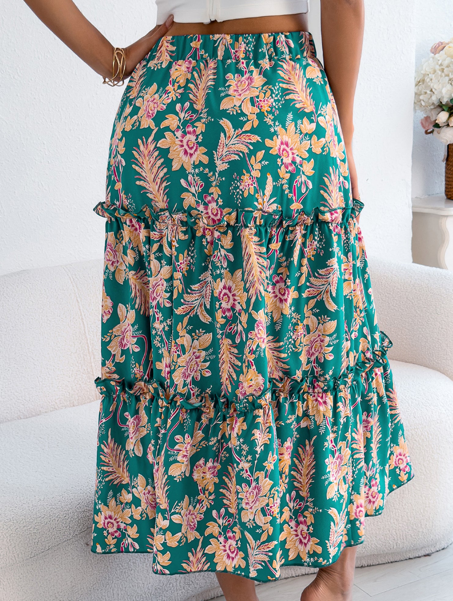 Floral Ruffle Midi Skirt Beach Style