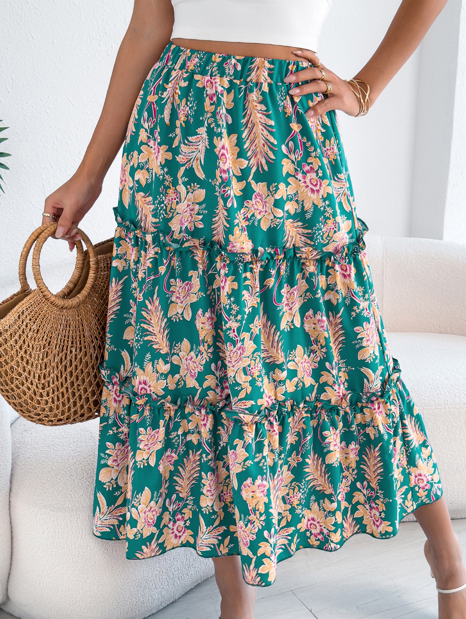 Floral Ruffle Midi Skirt Beach Style