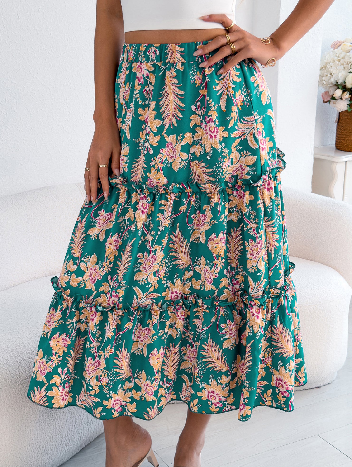 Floral Ruffle Midi Skirt Beach Style