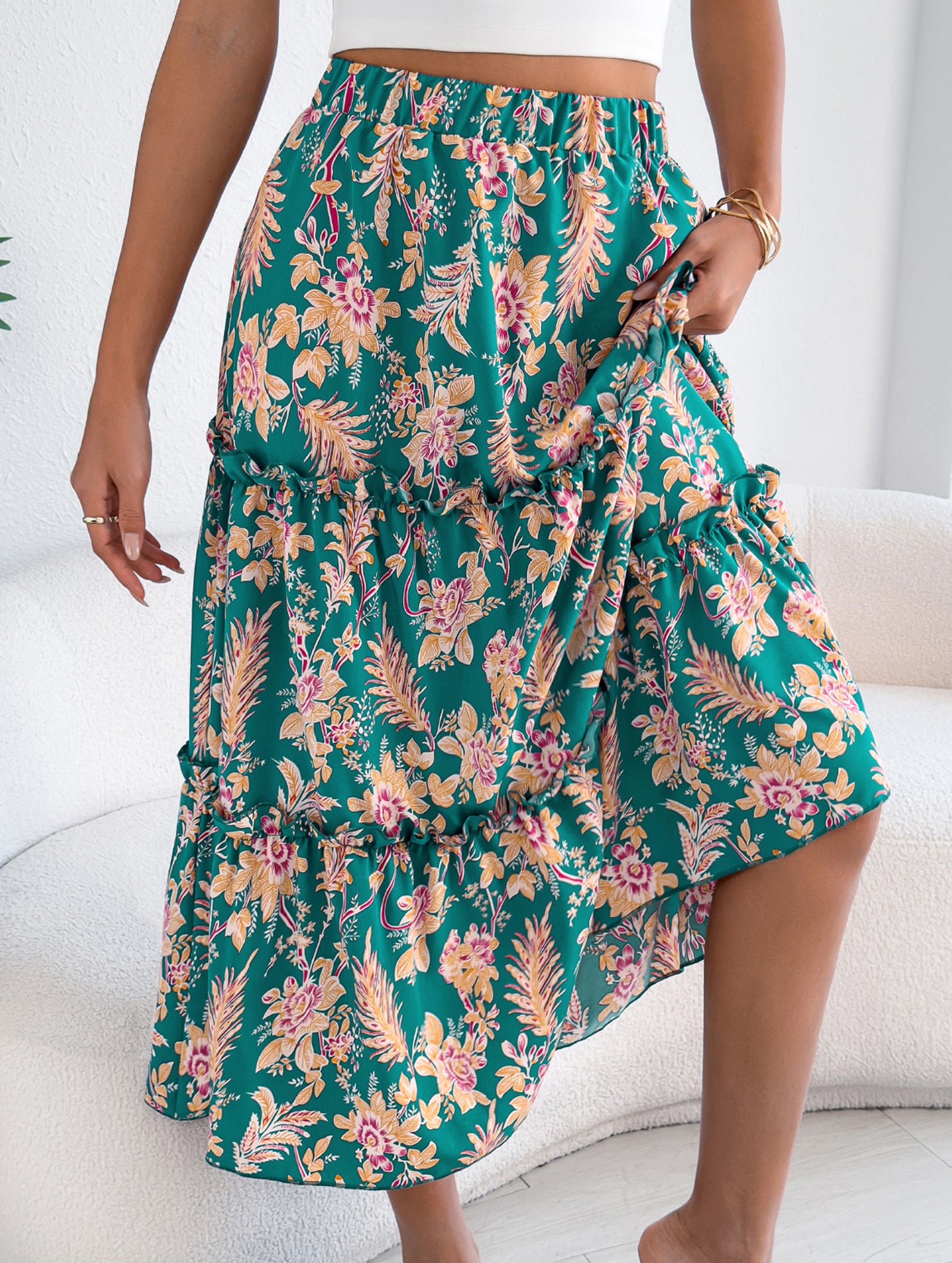Floral Ruffle Midi Skirt Beach Style