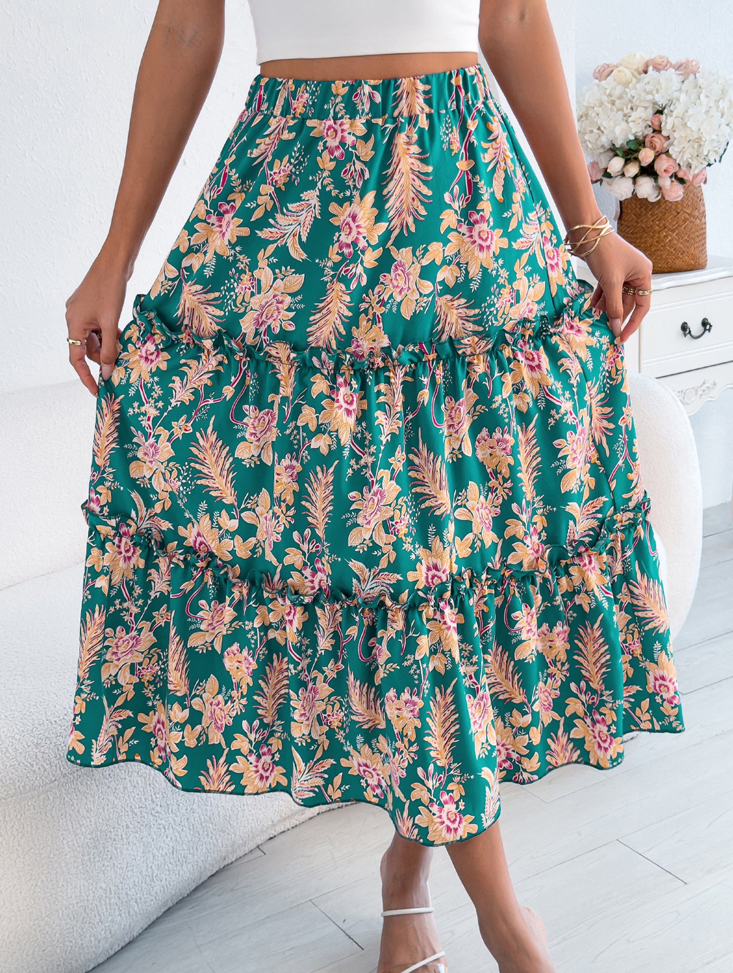 Floral Ruffle Midi Skirt Beach Style