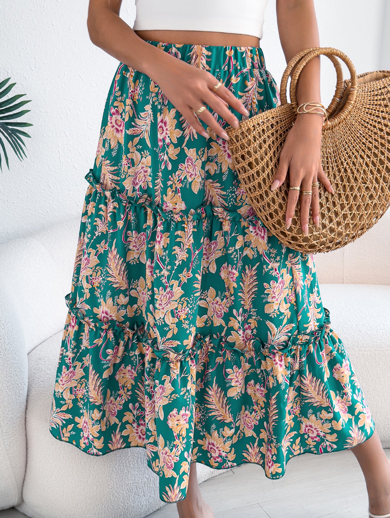Floral Ruffle Midi Skirt Beach Style