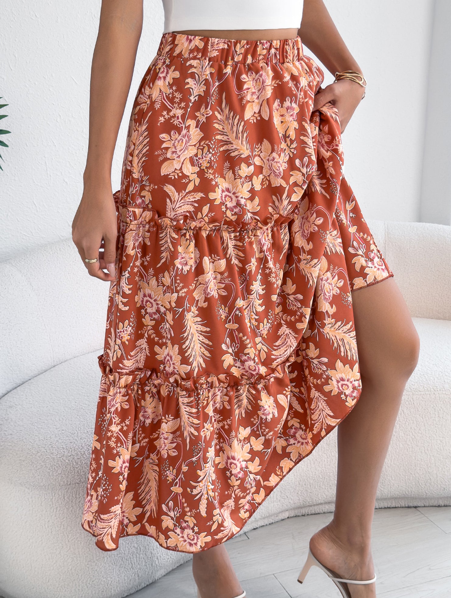 Floral Ruffle Midi Skirt Beach Style
