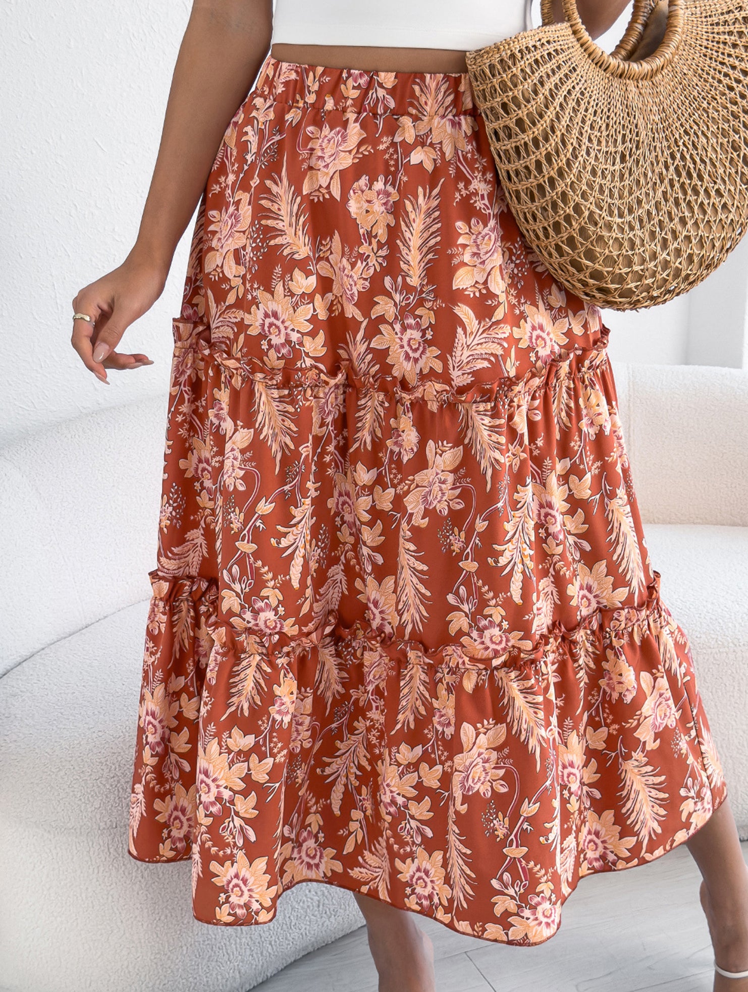 Floral Ruffle Midi Skirt Beach Style