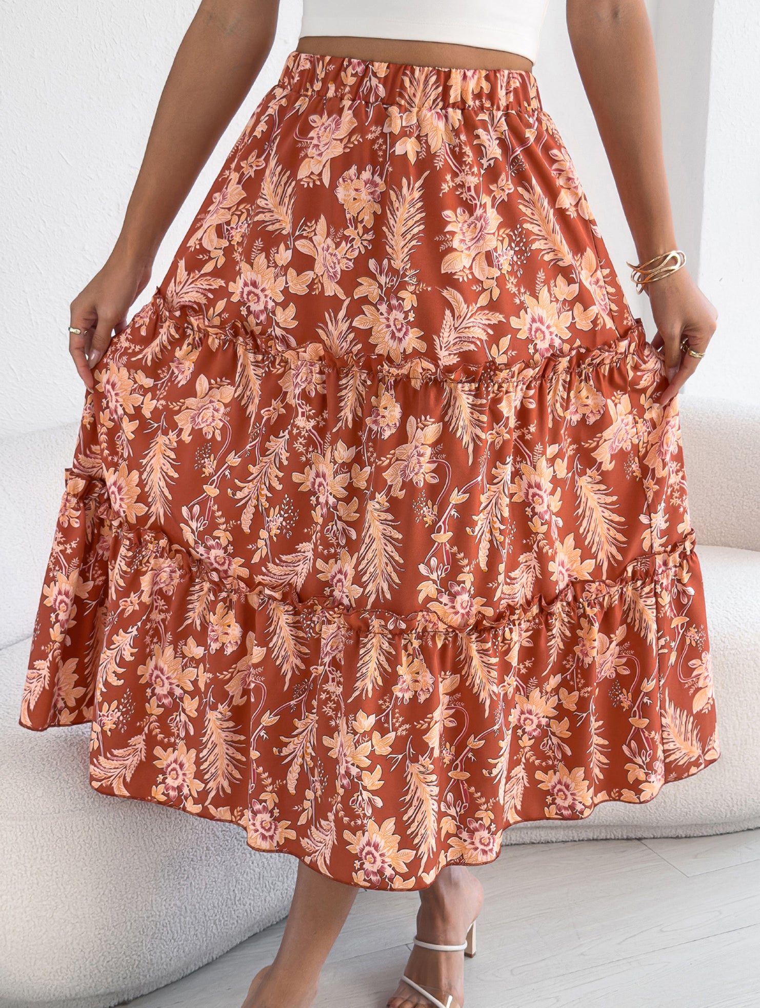 Floral Ruffle Midi Skirt Beach Style