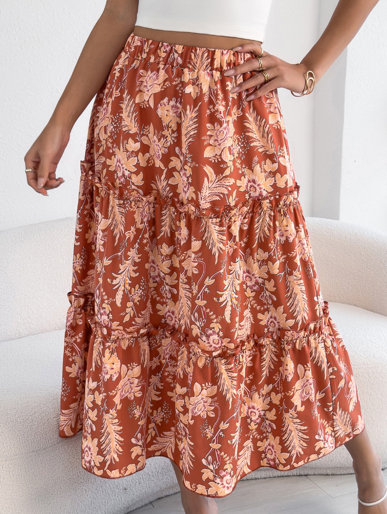 Floral Ruffle Midi Skirt Beach Style