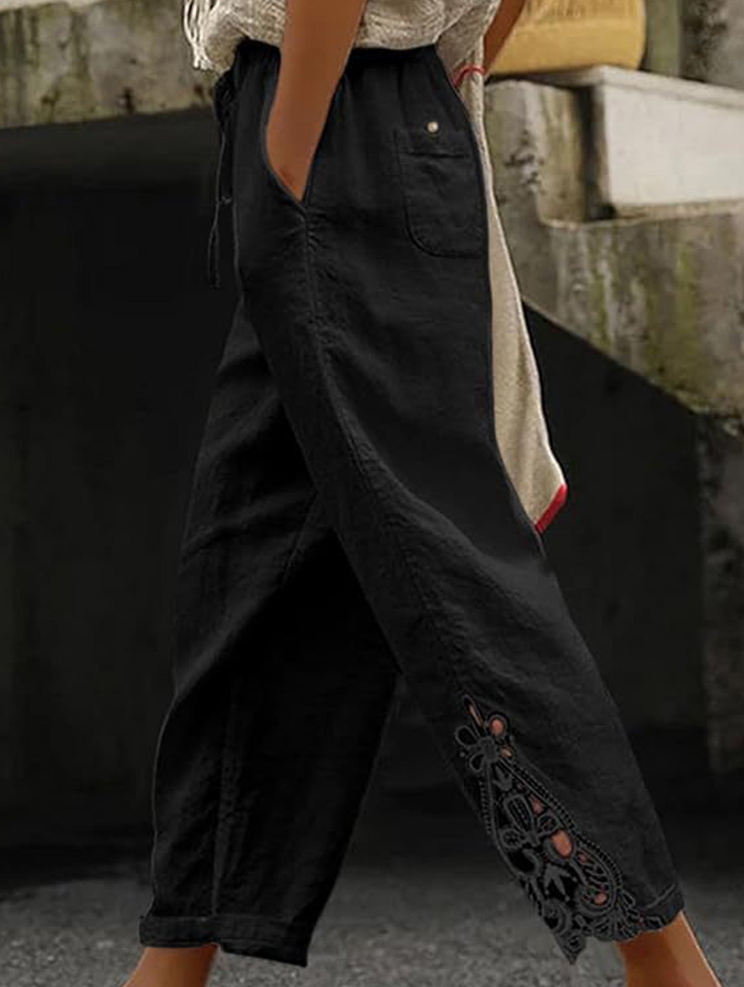 Lace Patch High Waist Cropped Pants