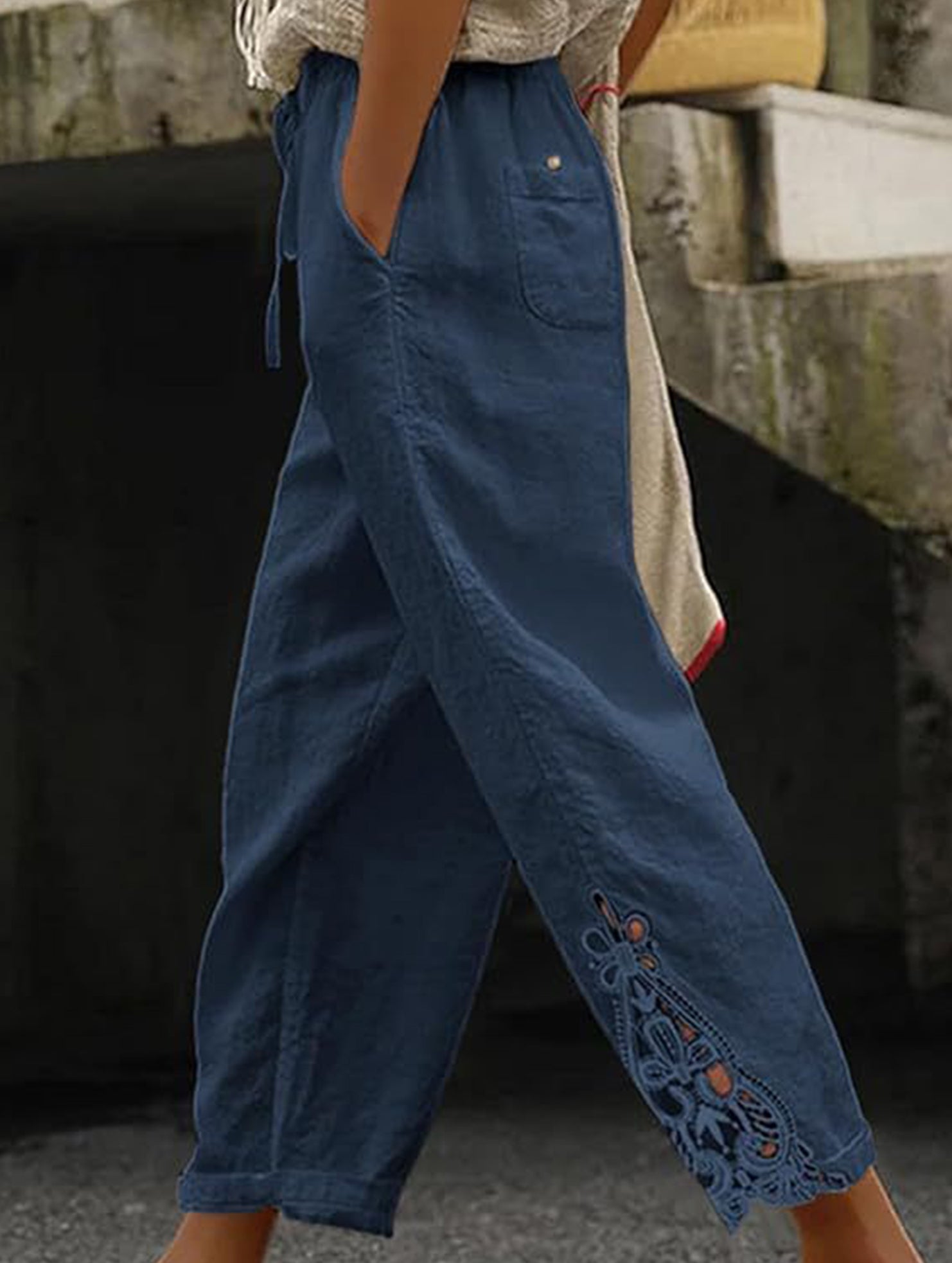 Lace Patch High Waist Cropped Pants