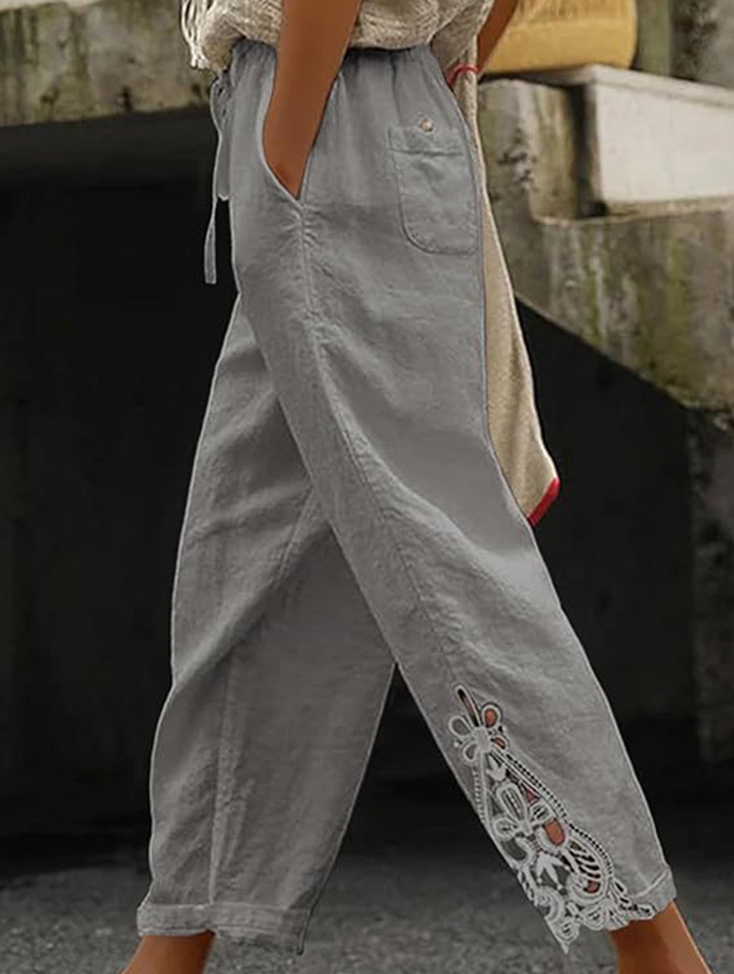 Lace Patch High Waist Cropped Pants