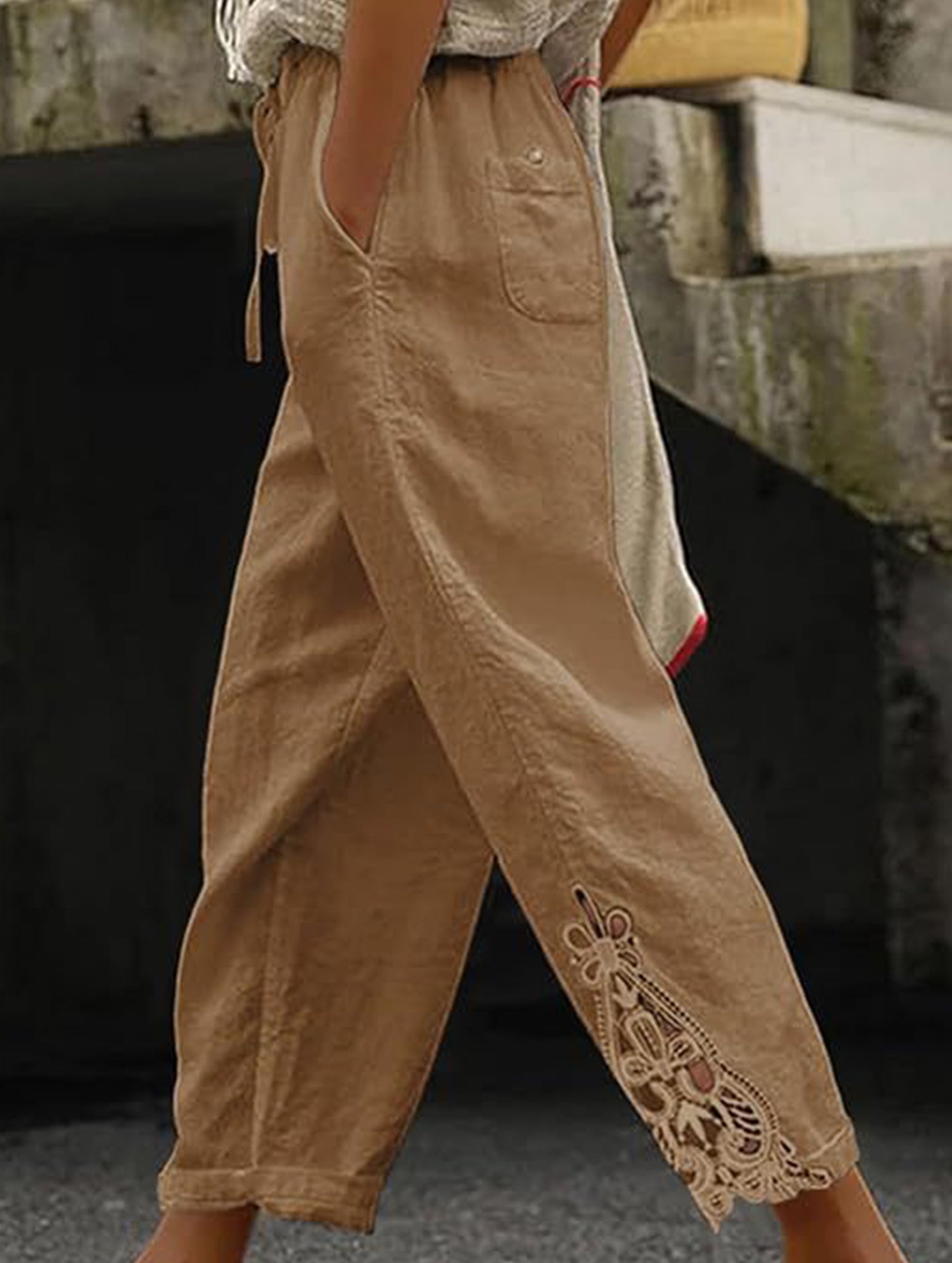 Lace Patch High Waist Cropped Pants