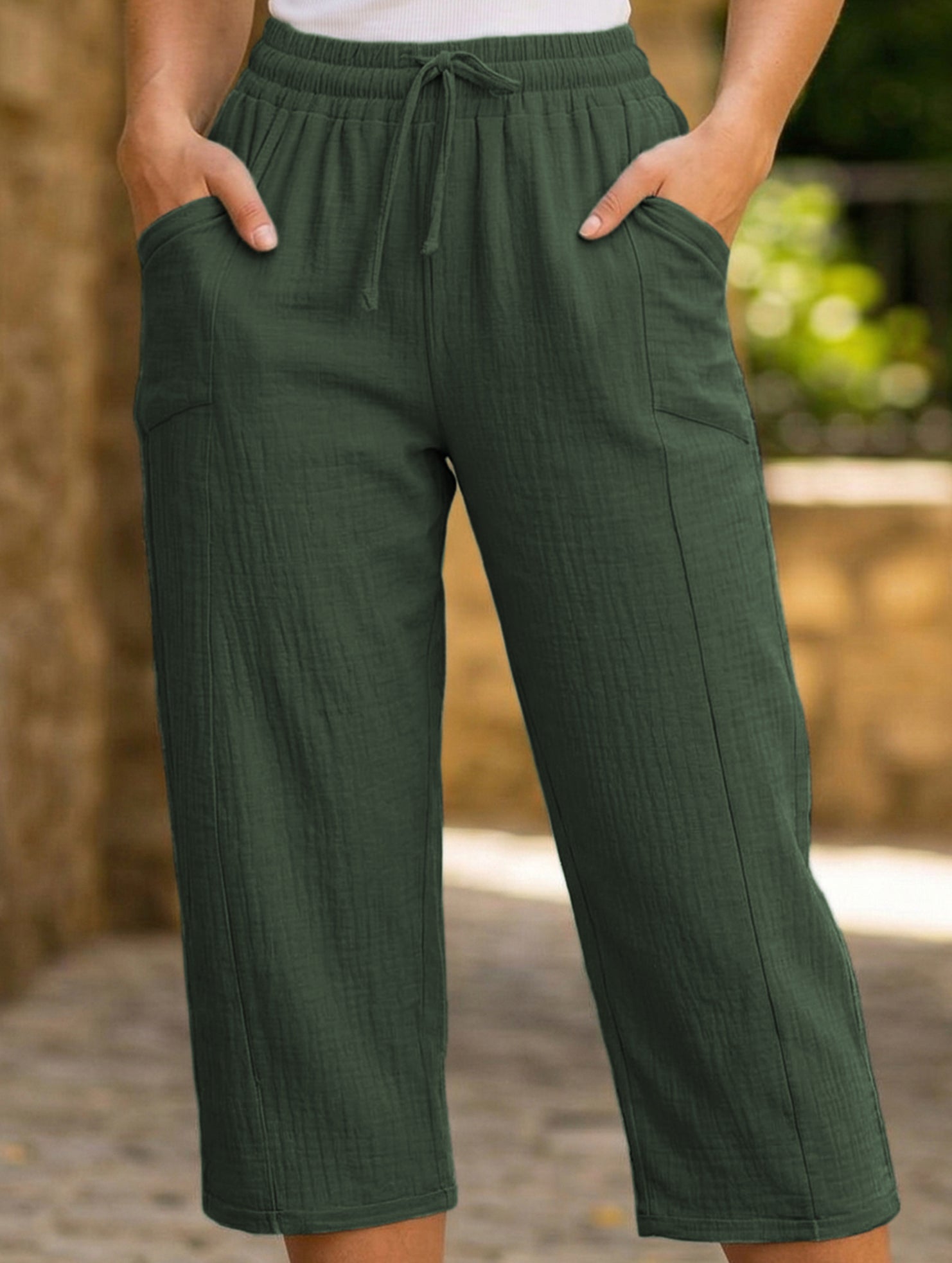 Cotton Linen Elastic Waist Capri Pants