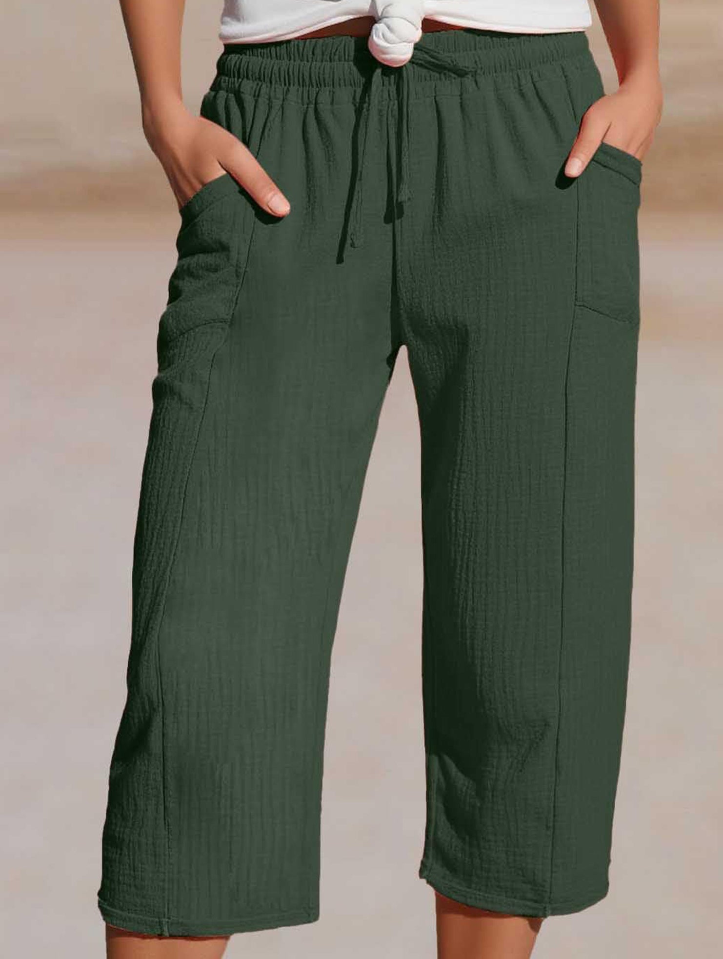Cotton Linen Elastic Waist Capri Pants