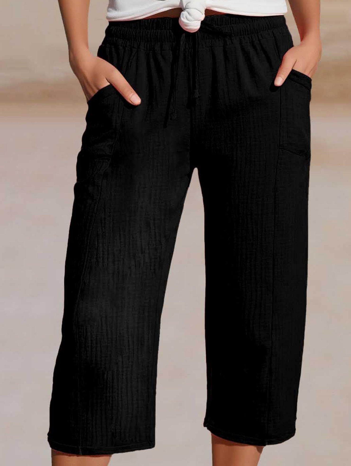 Cotton Linen Elastic Waist Capri Pants