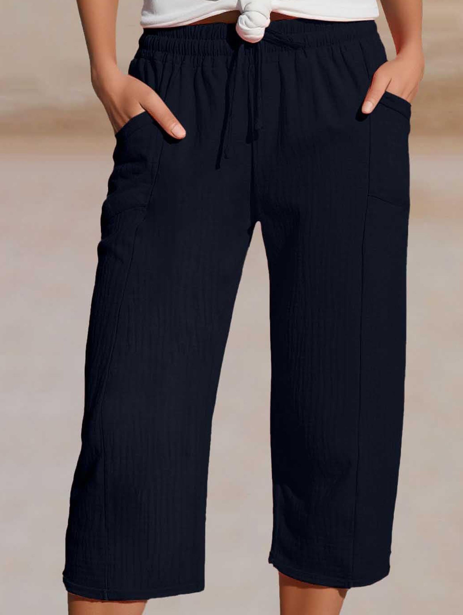 Cotton Linen Elastic Waist Capri Pants