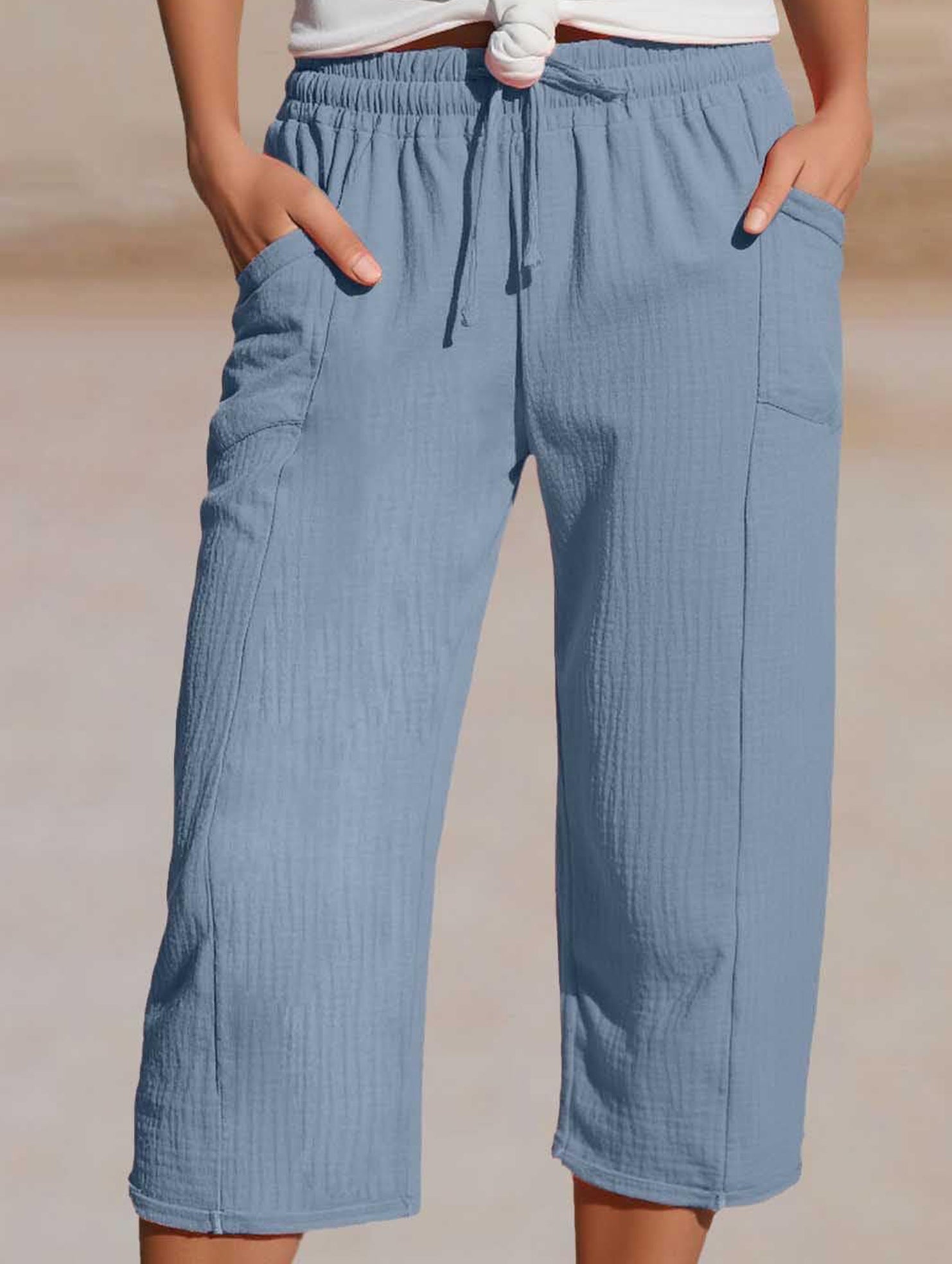 Cotton Linen Elastic Waist Capri Pants