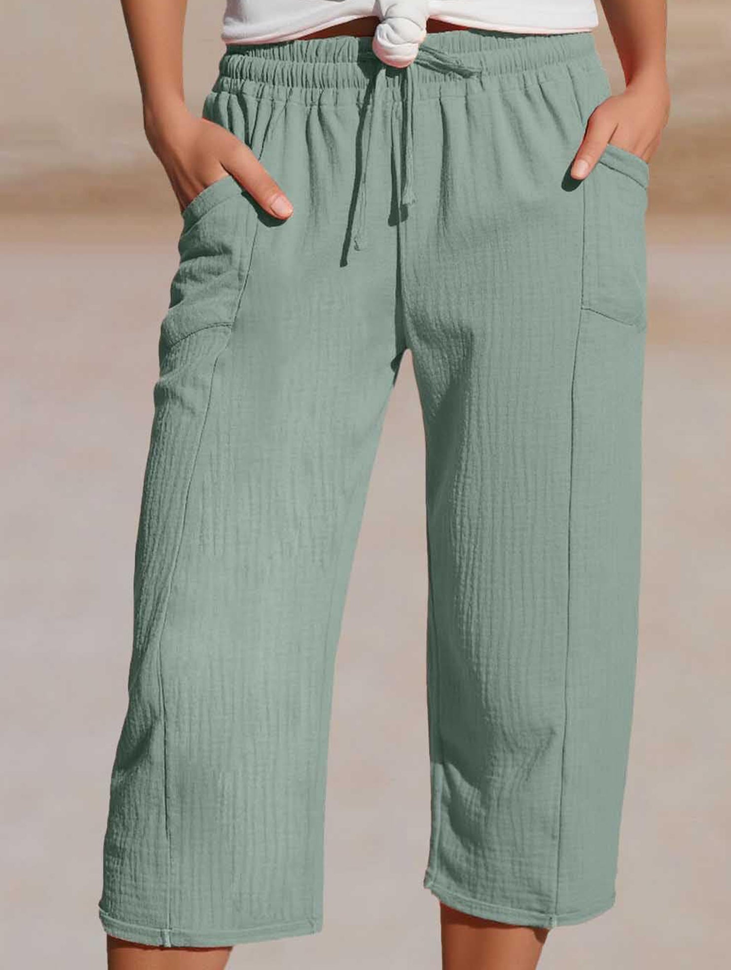 Cotton Linen Elastic Waist Capri Pants