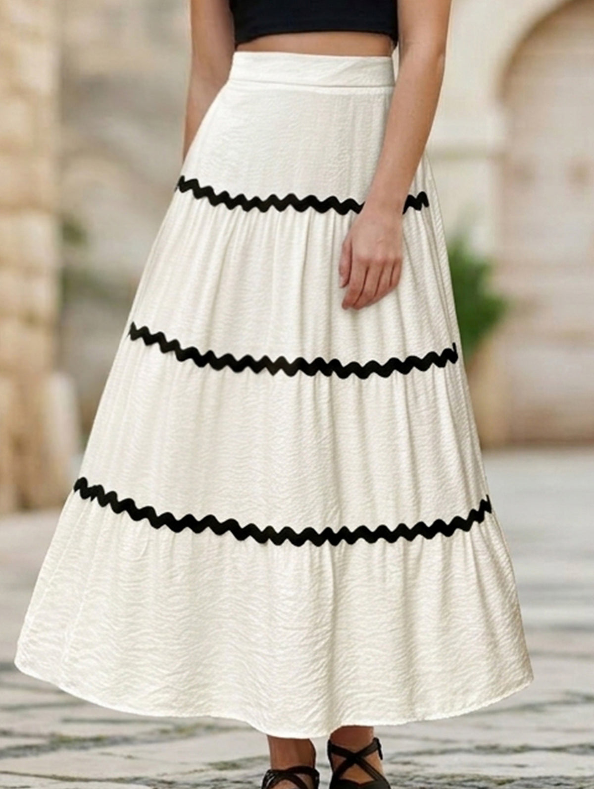 Color Block Elastic Waist Midi Skirt