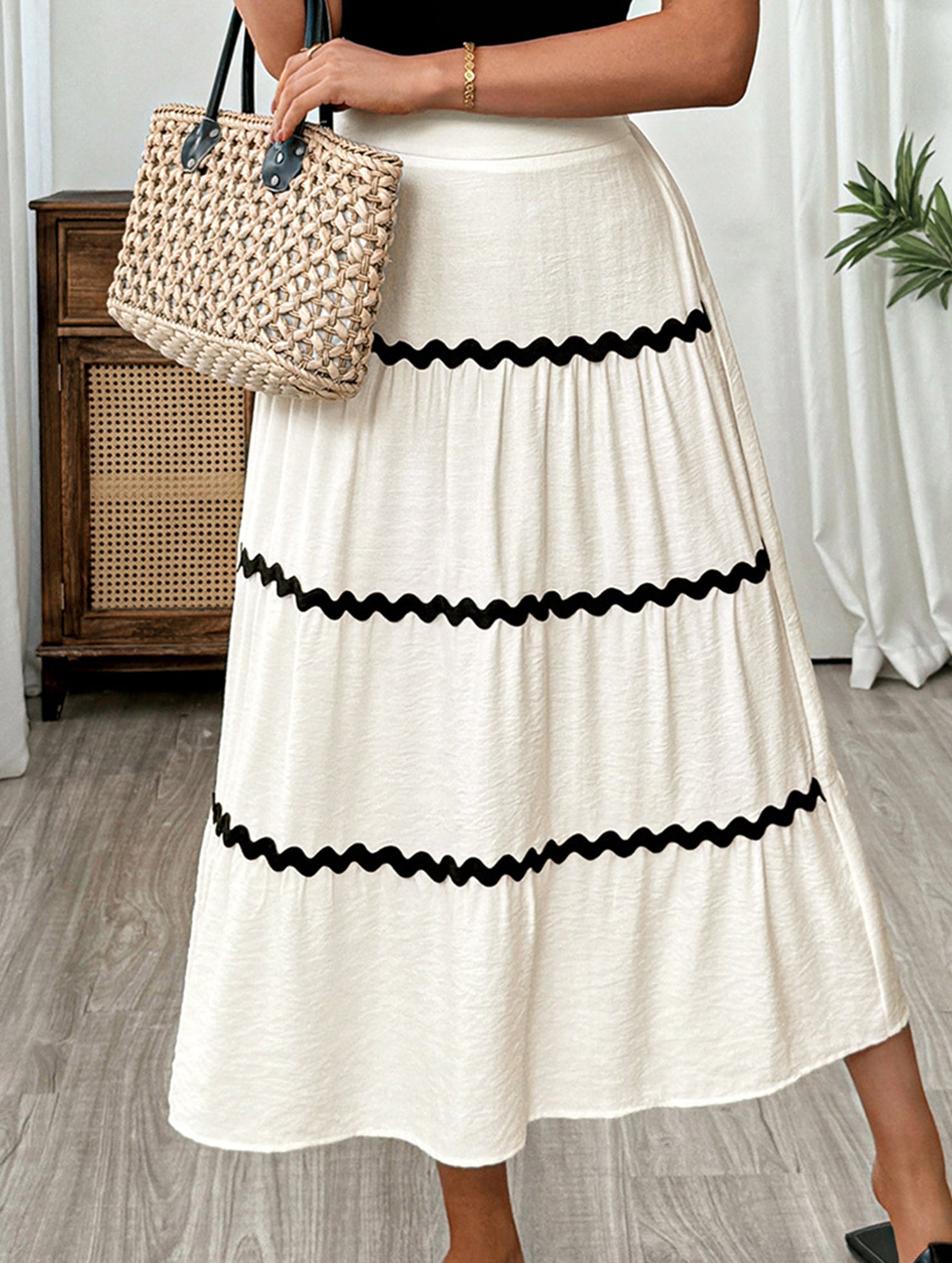 Color Block Elastic Waist Midi Skirt