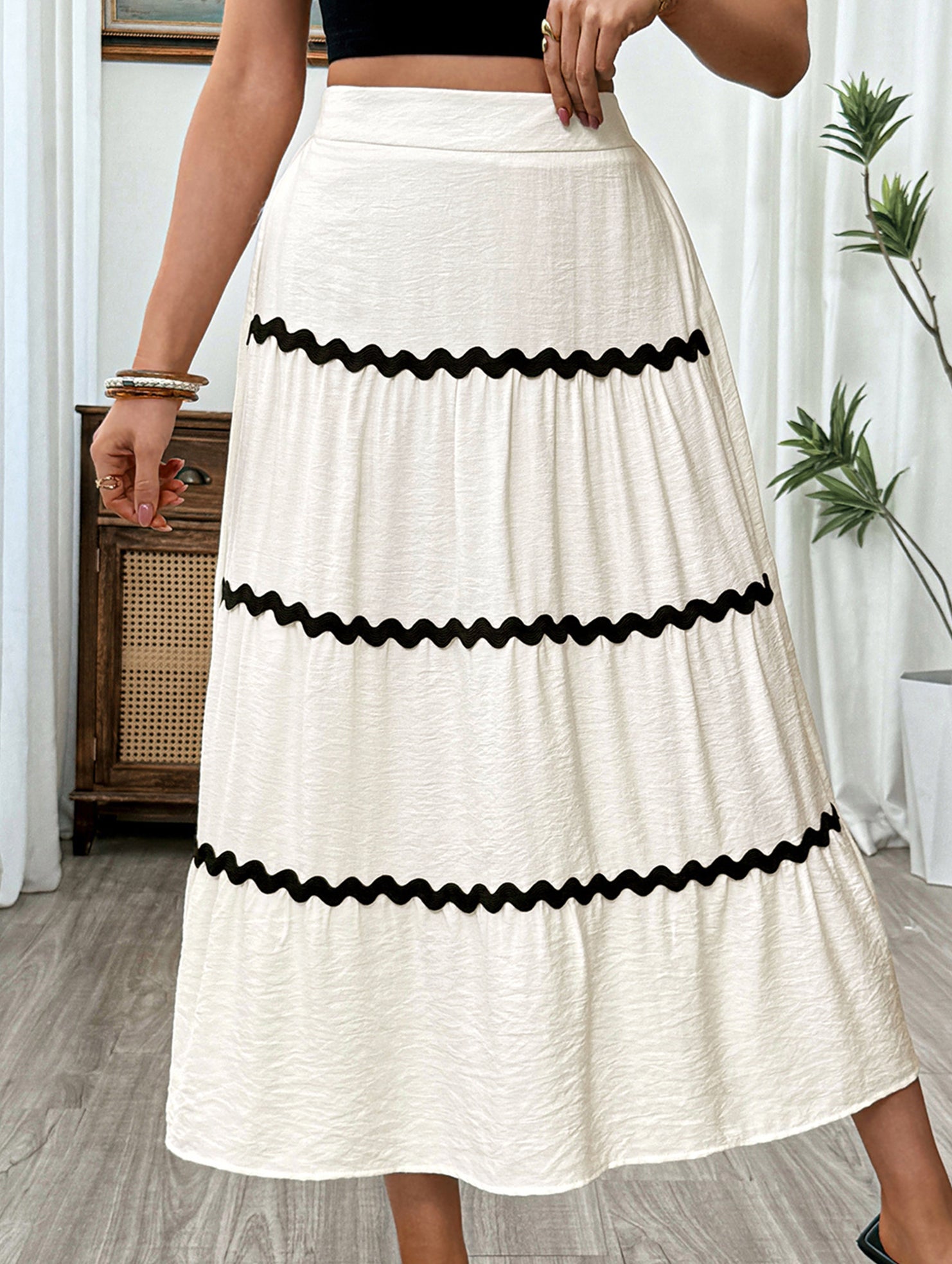 Color Block Elastic Waist Midi Skirt