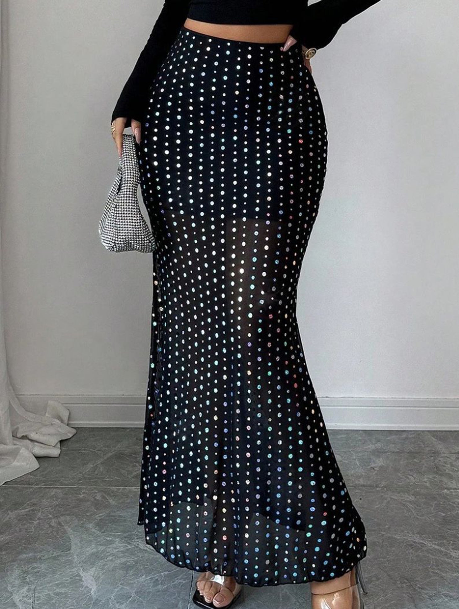 Double-layer mesh high-waisted slim-fit midi skirt