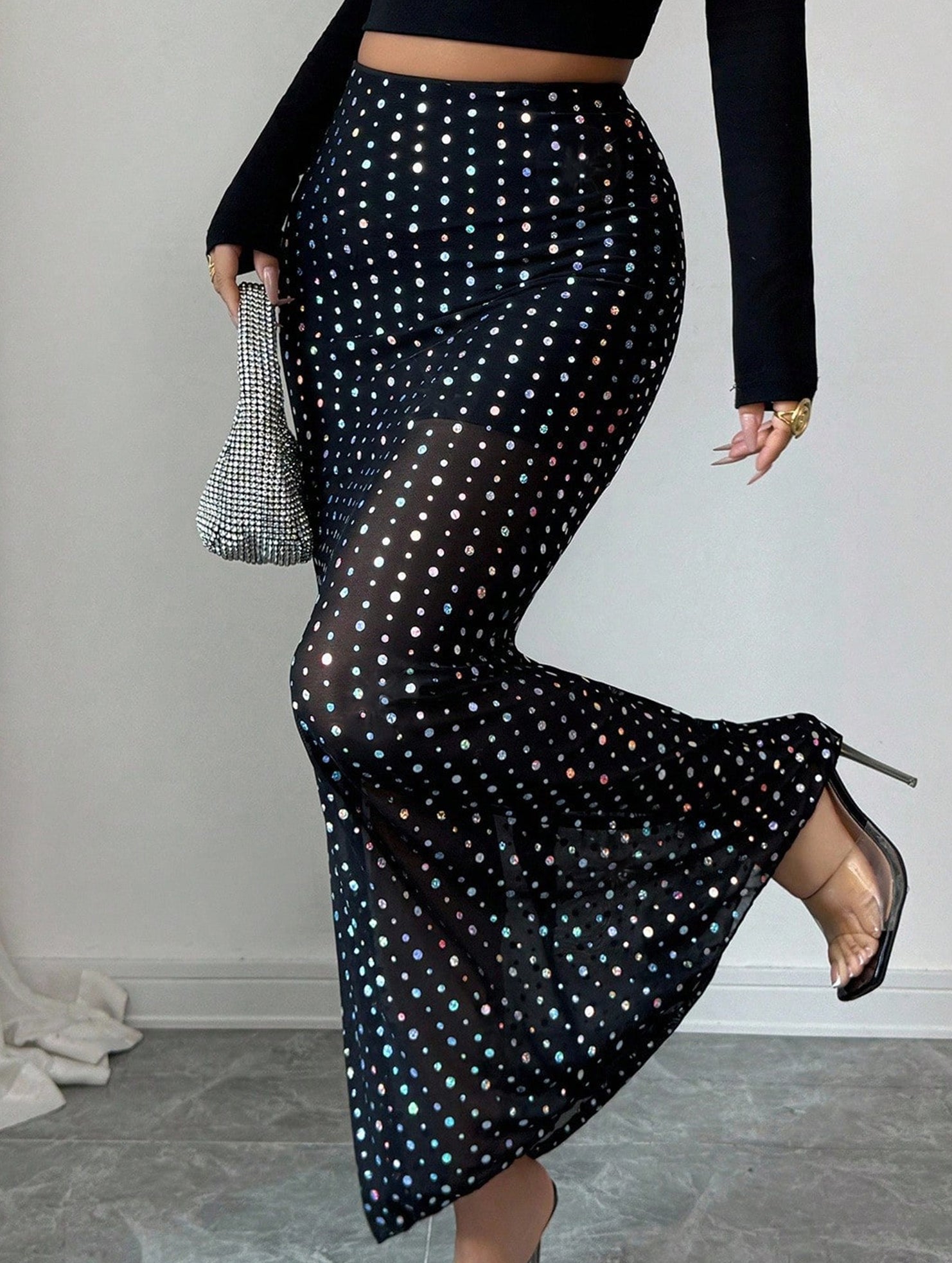 Double-layer mesh high-waisted slim-fit midi skirt