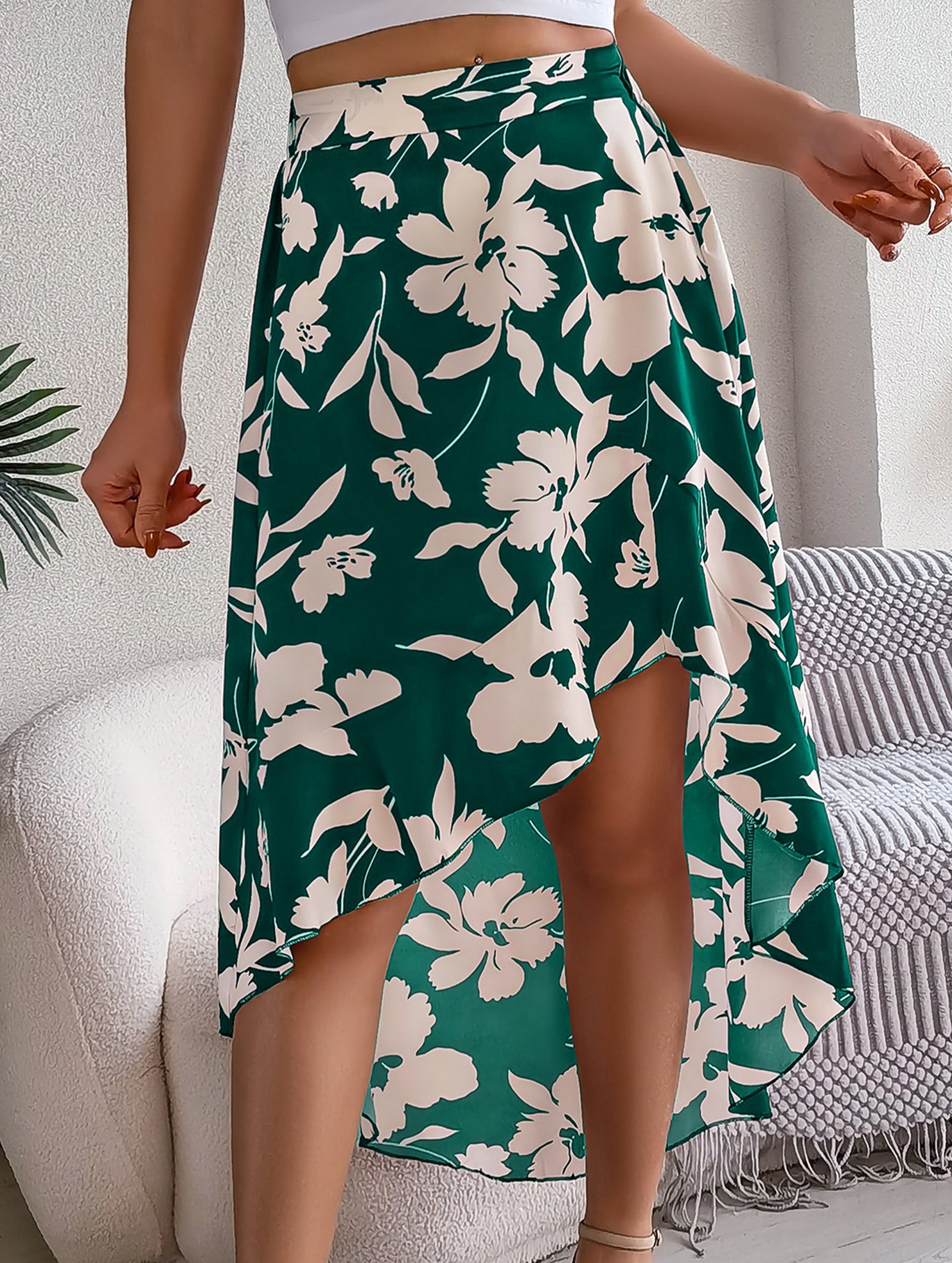 Floral Ruffle Irregular Midi Skirt