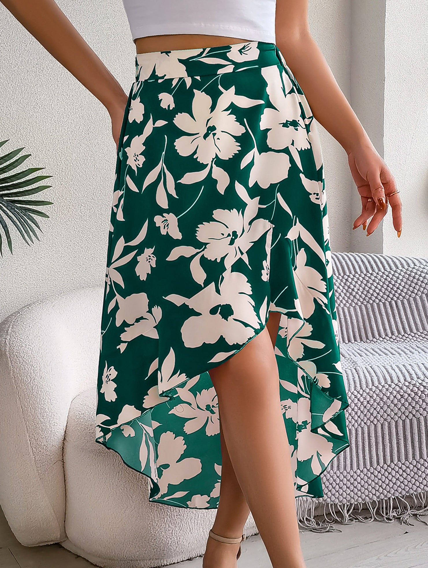 Floral Ruffle Irregular Midi Skirt
