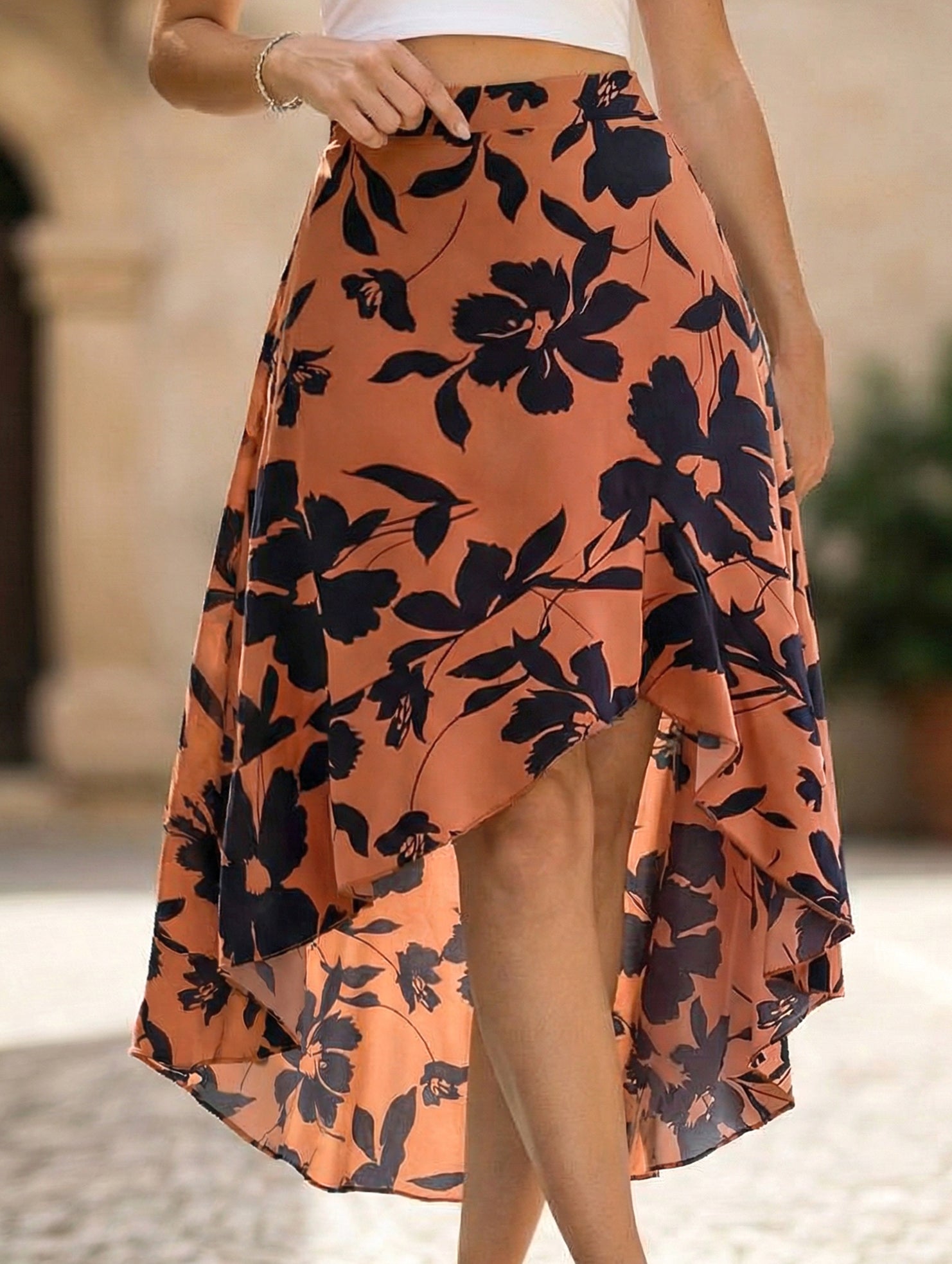 Floral Ruffle Irregular Midi Skirt