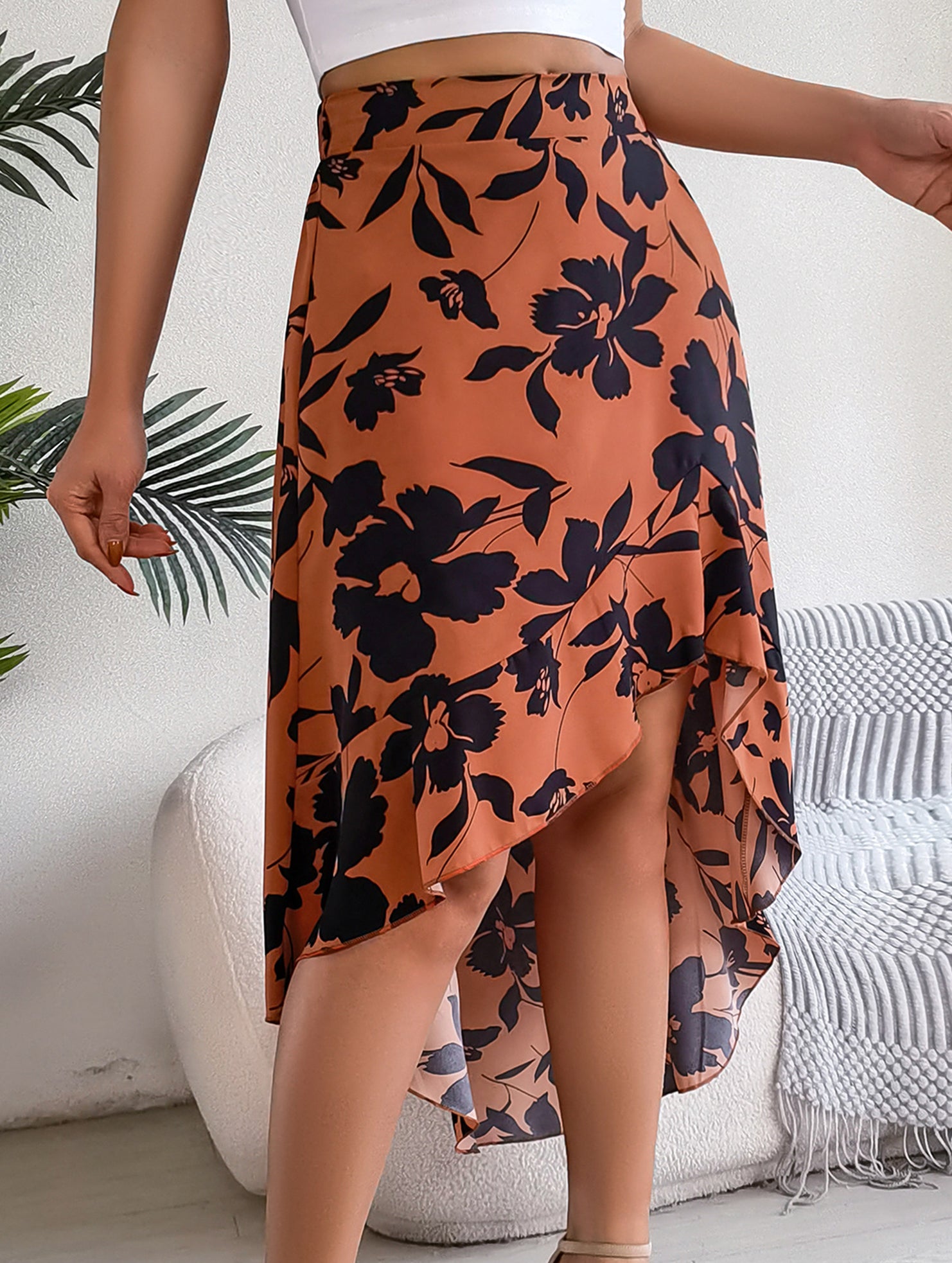 Floral Ruffle Irregular Midi Skirt