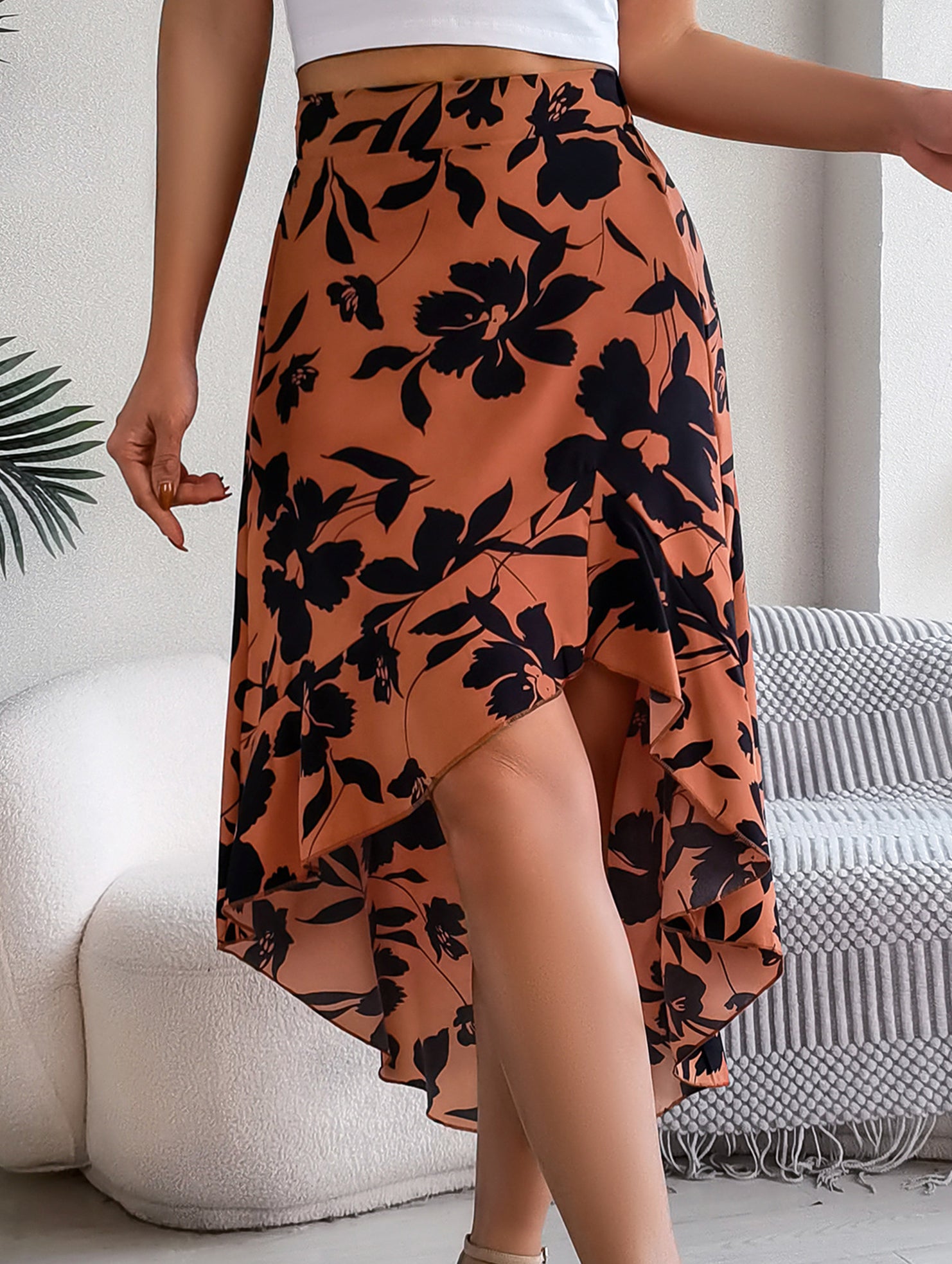 Floral Ruffle Irregular Midi Skirt