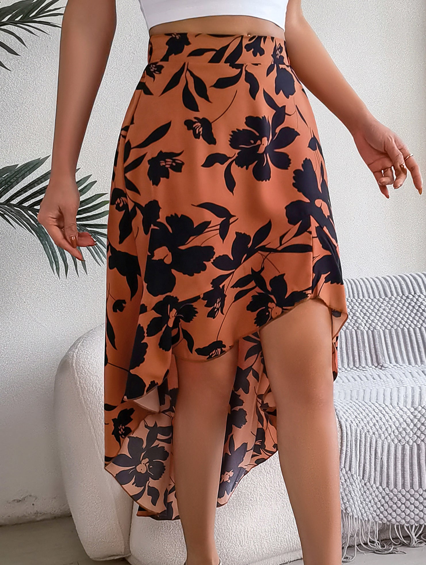 Floral Ruffle Irregular Midi Skirt