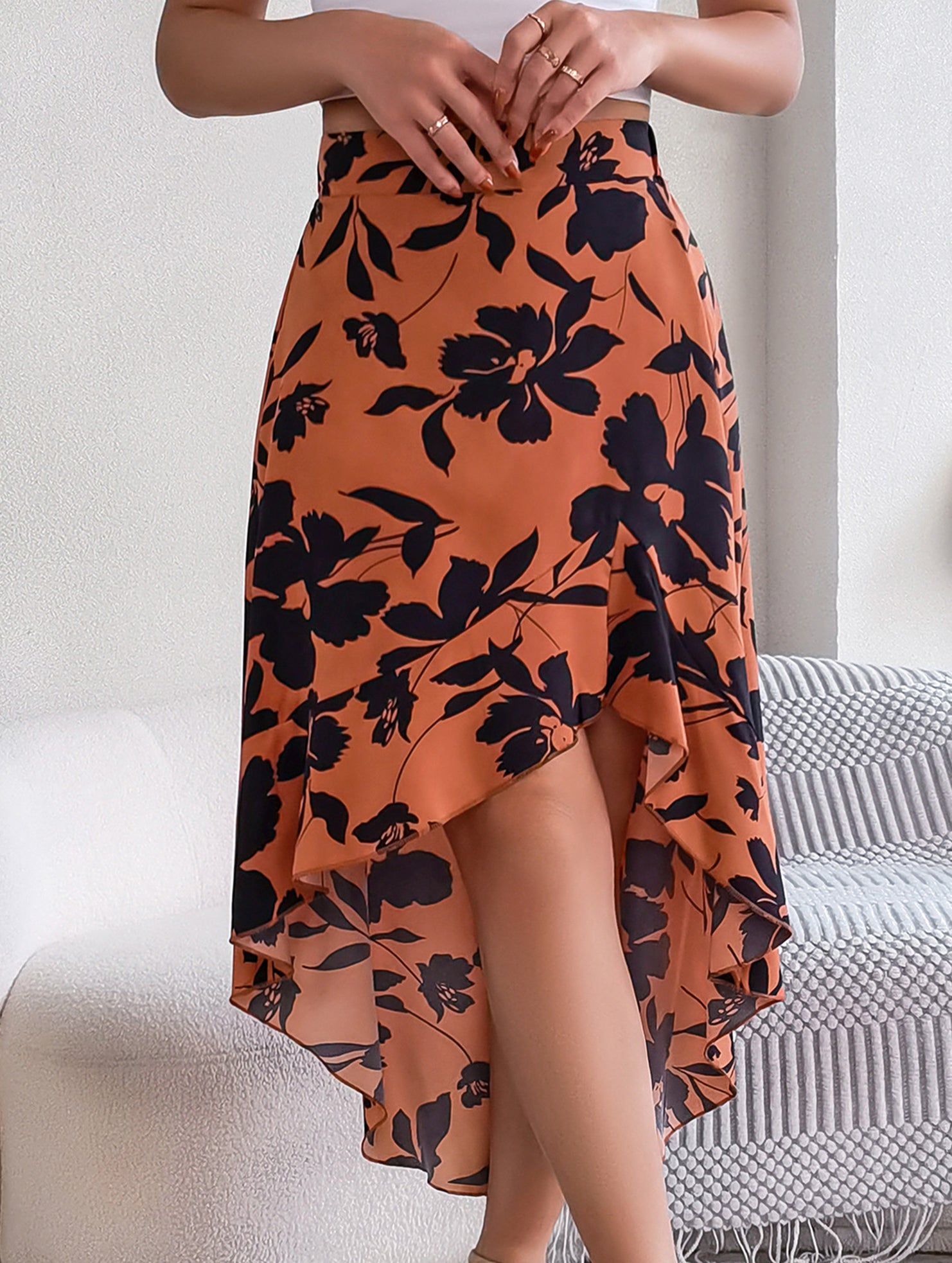 Floral Ruffle Irregular Midi Skirt