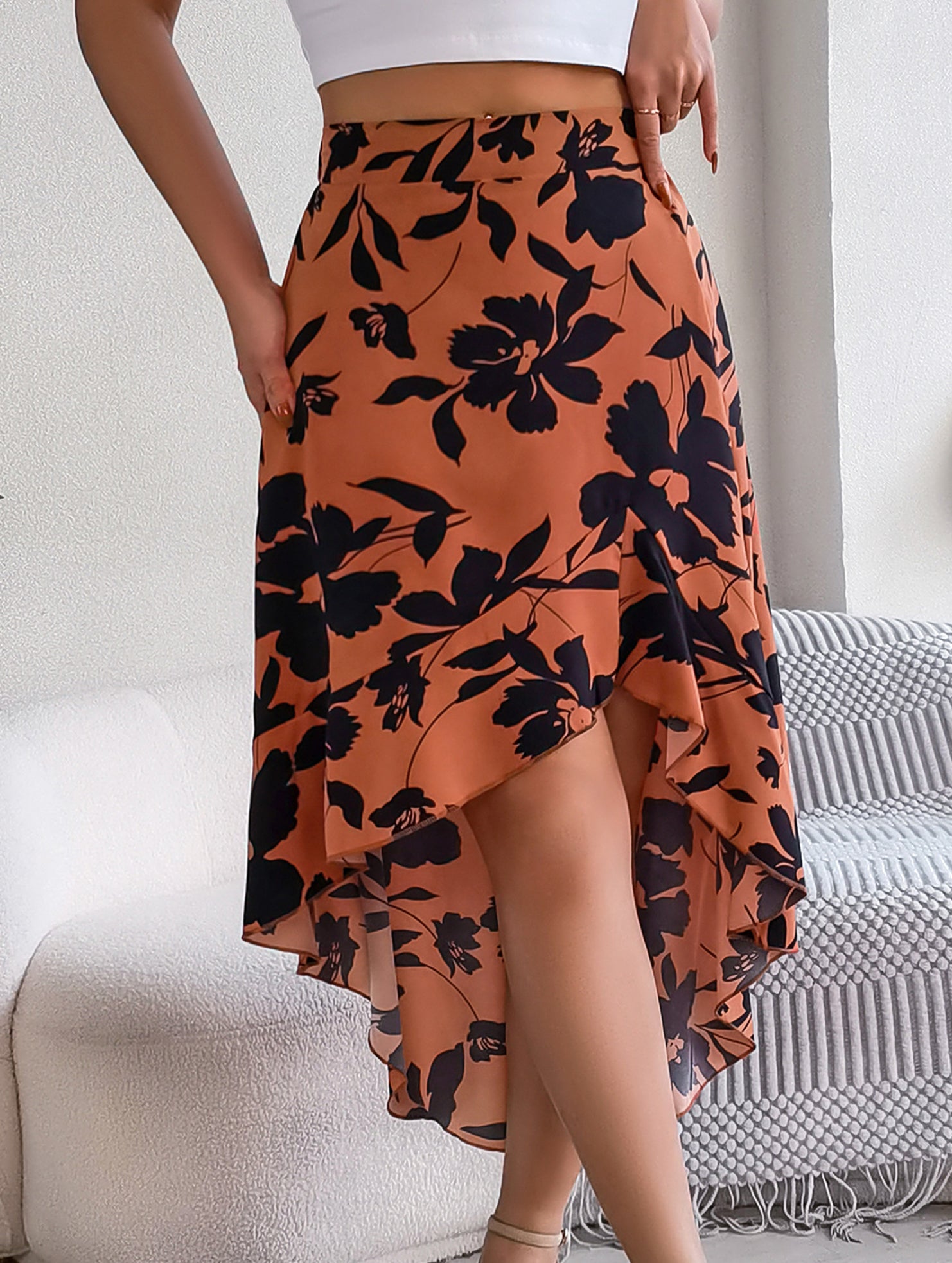 Floral Ruffle Irregular Midi Skirt