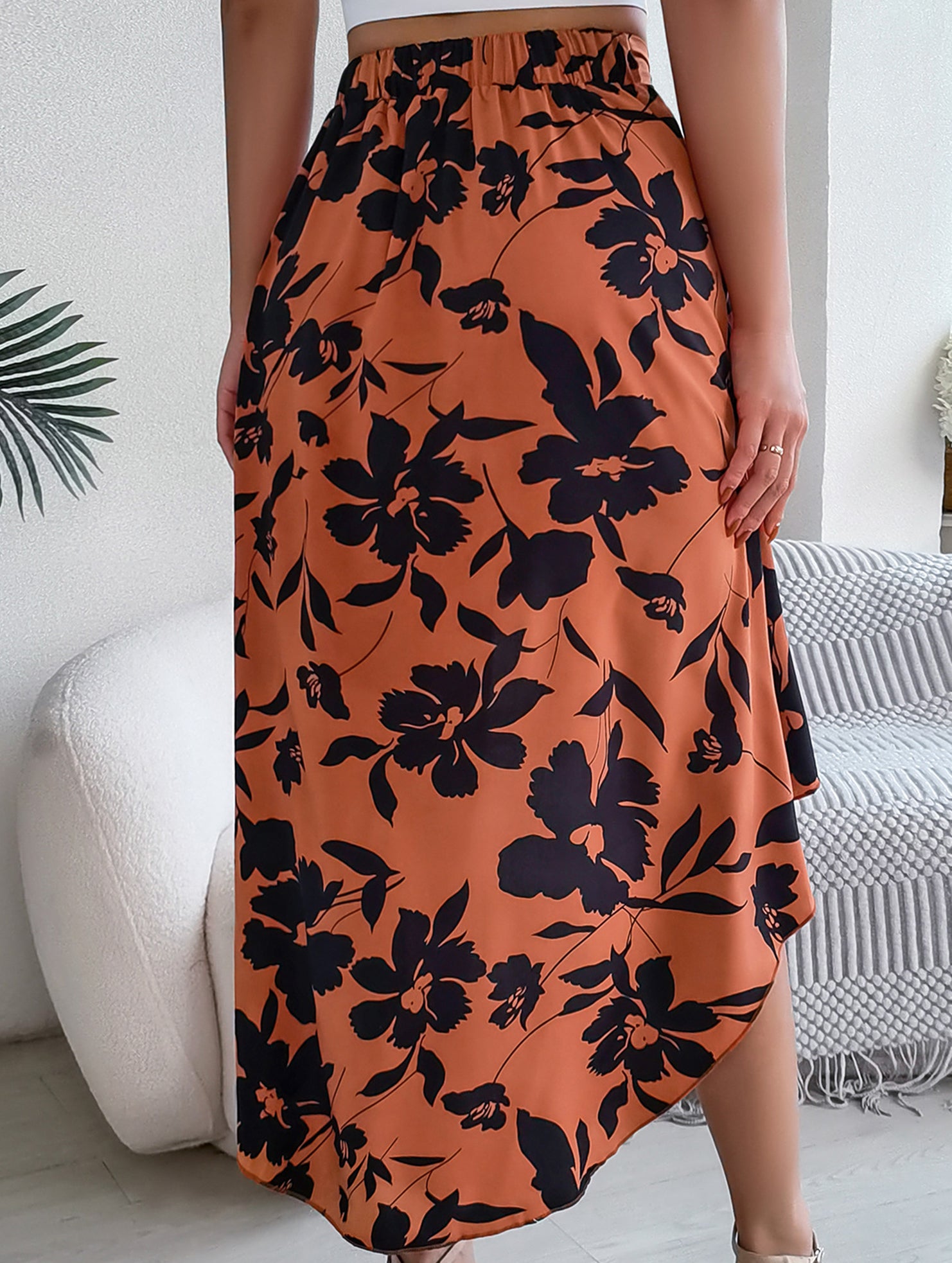 Floral Ruffle Irregular Midi Skirt