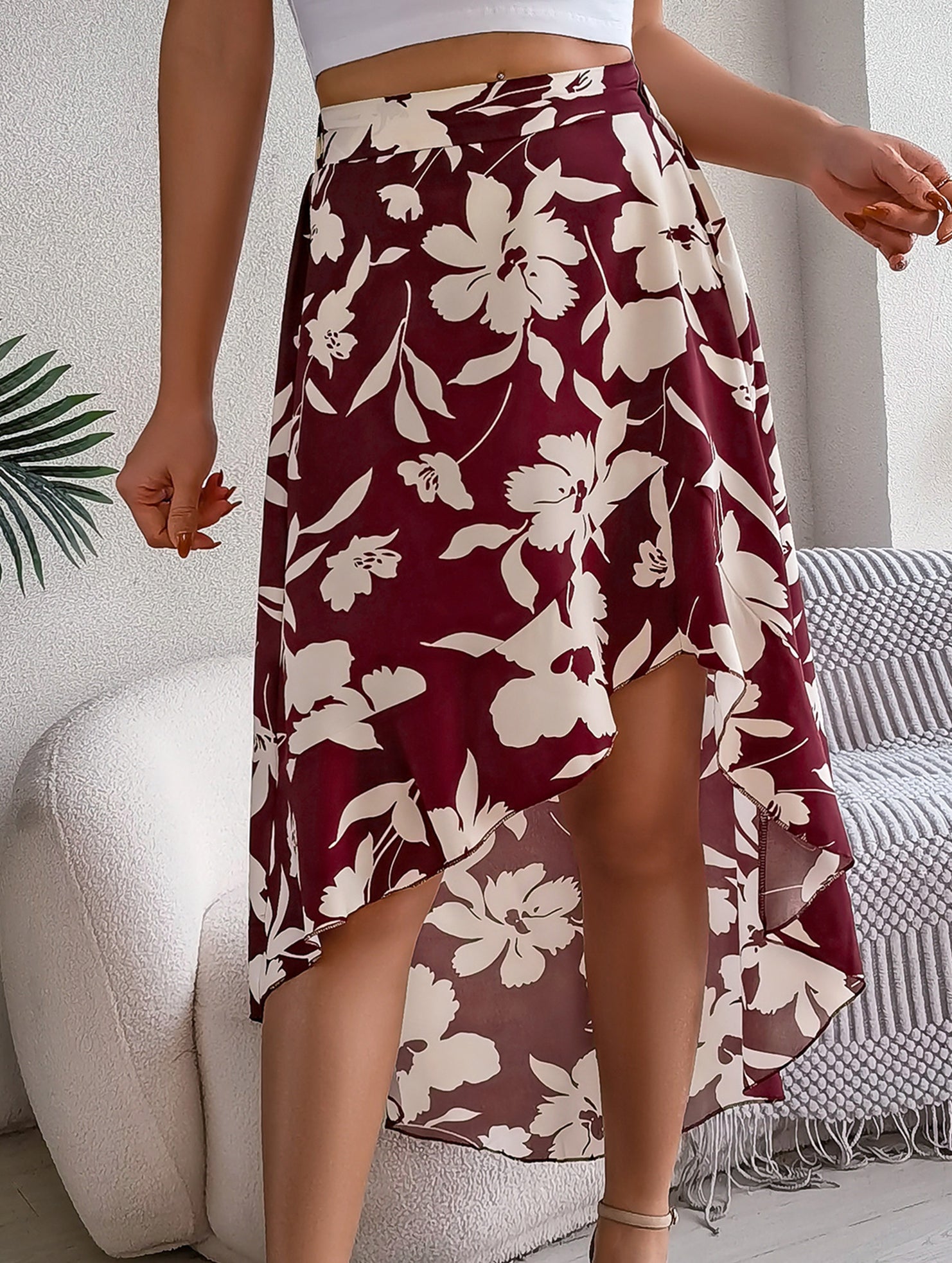 Floral Ruffle Irregular Midi Skirt