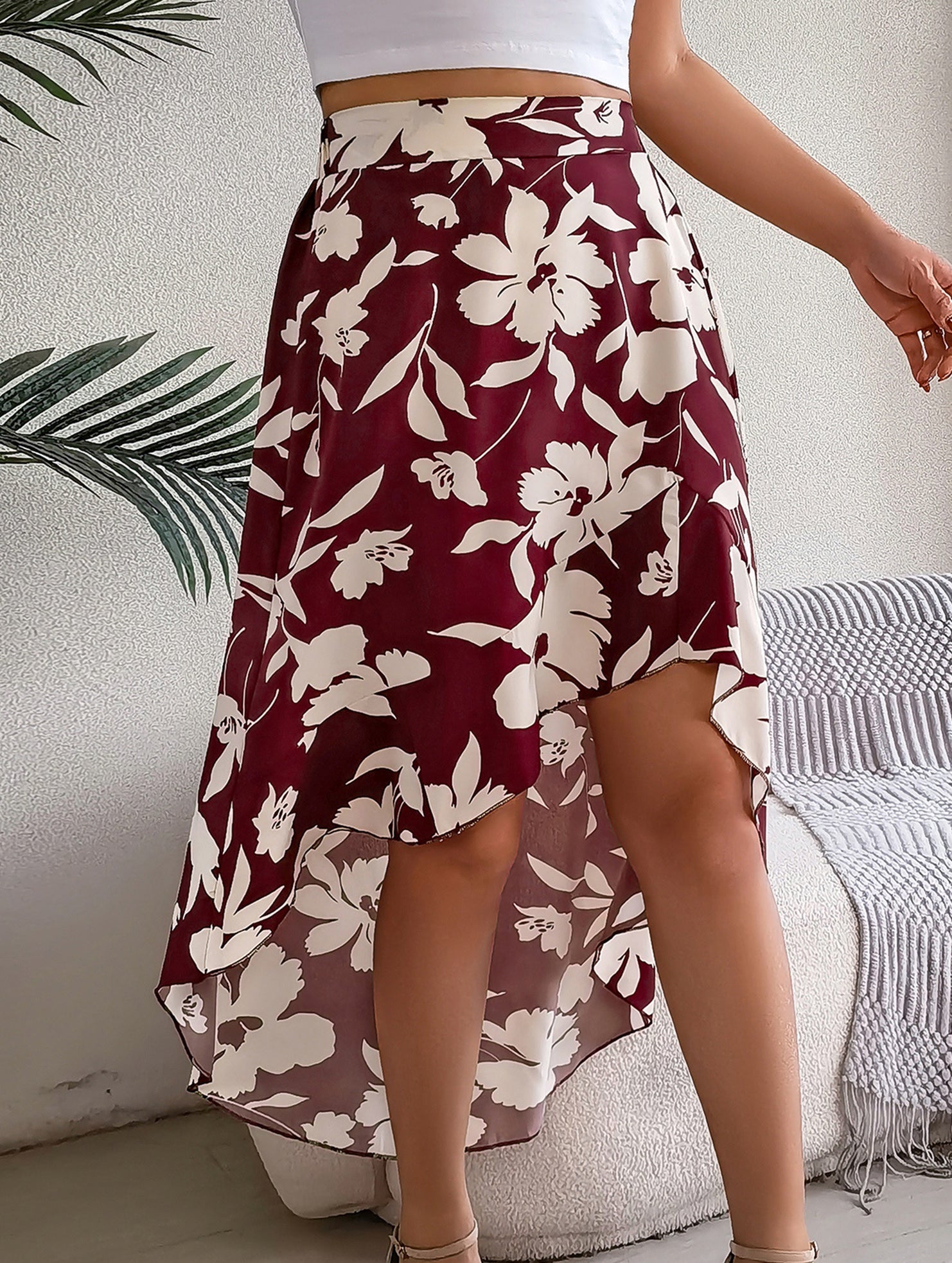 Floral Ruffle Irregular Midi Skirt