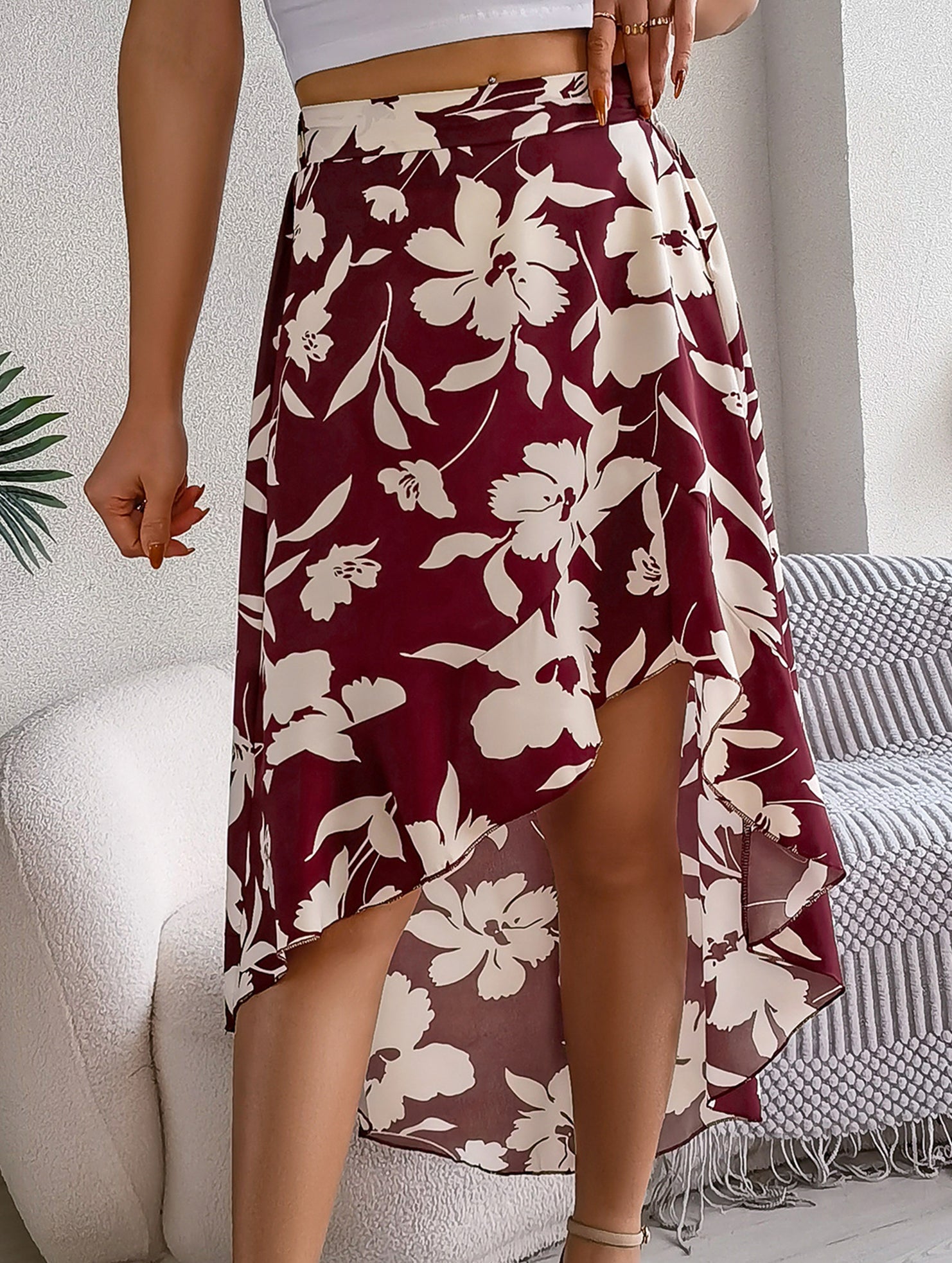 Floral Ruffle Irregular Midi Skirt