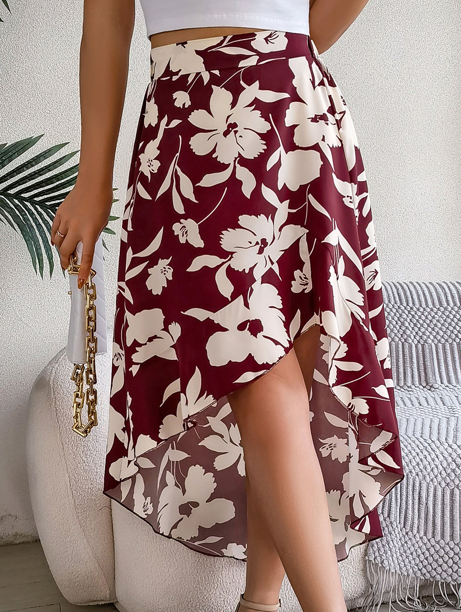 Floral Ruffle Irregular Midi Skirt