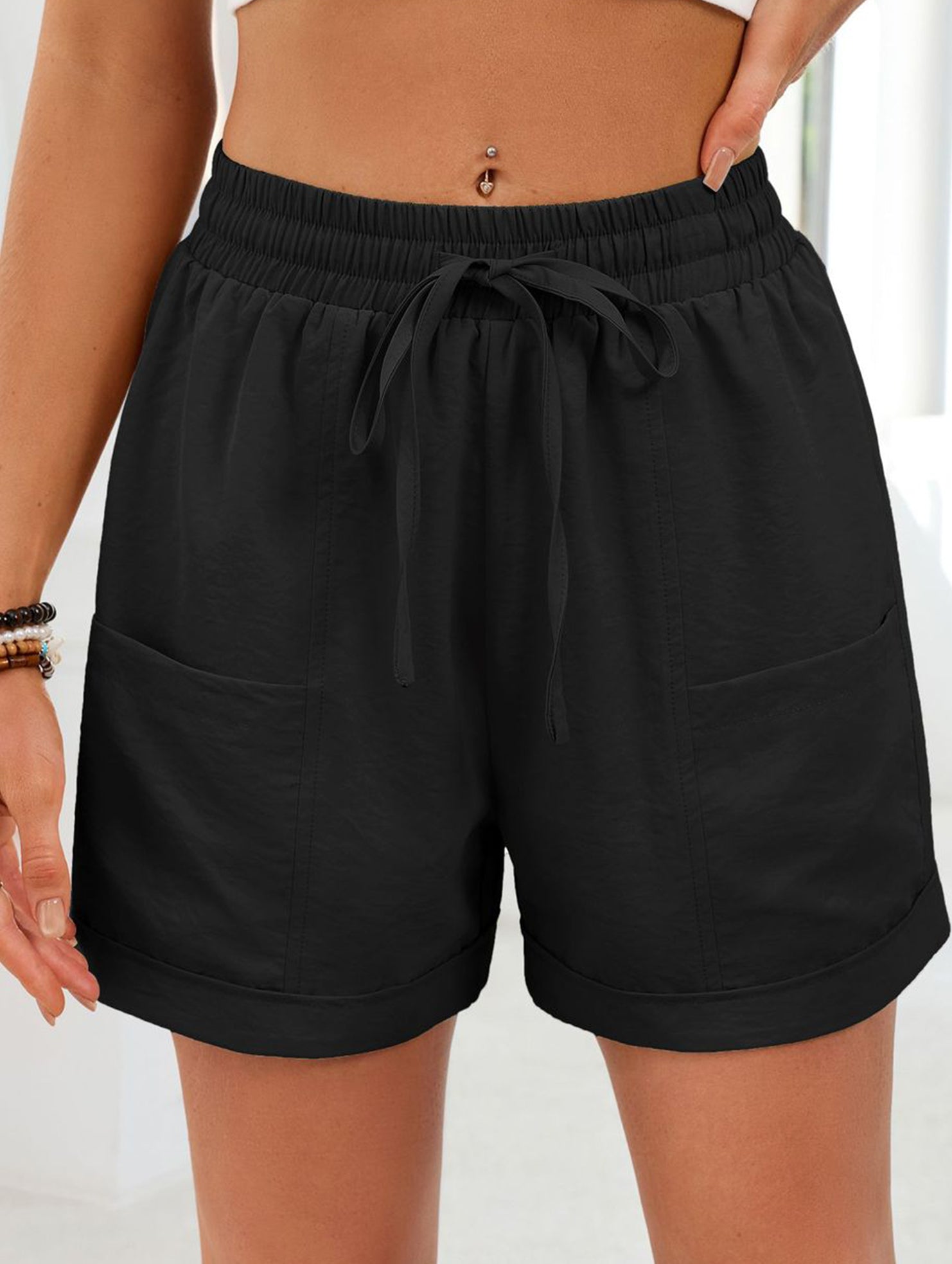 Women's drawstring elastic waist loose shorts