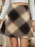 High-waisted plaid A-line skirt with elastic zipper